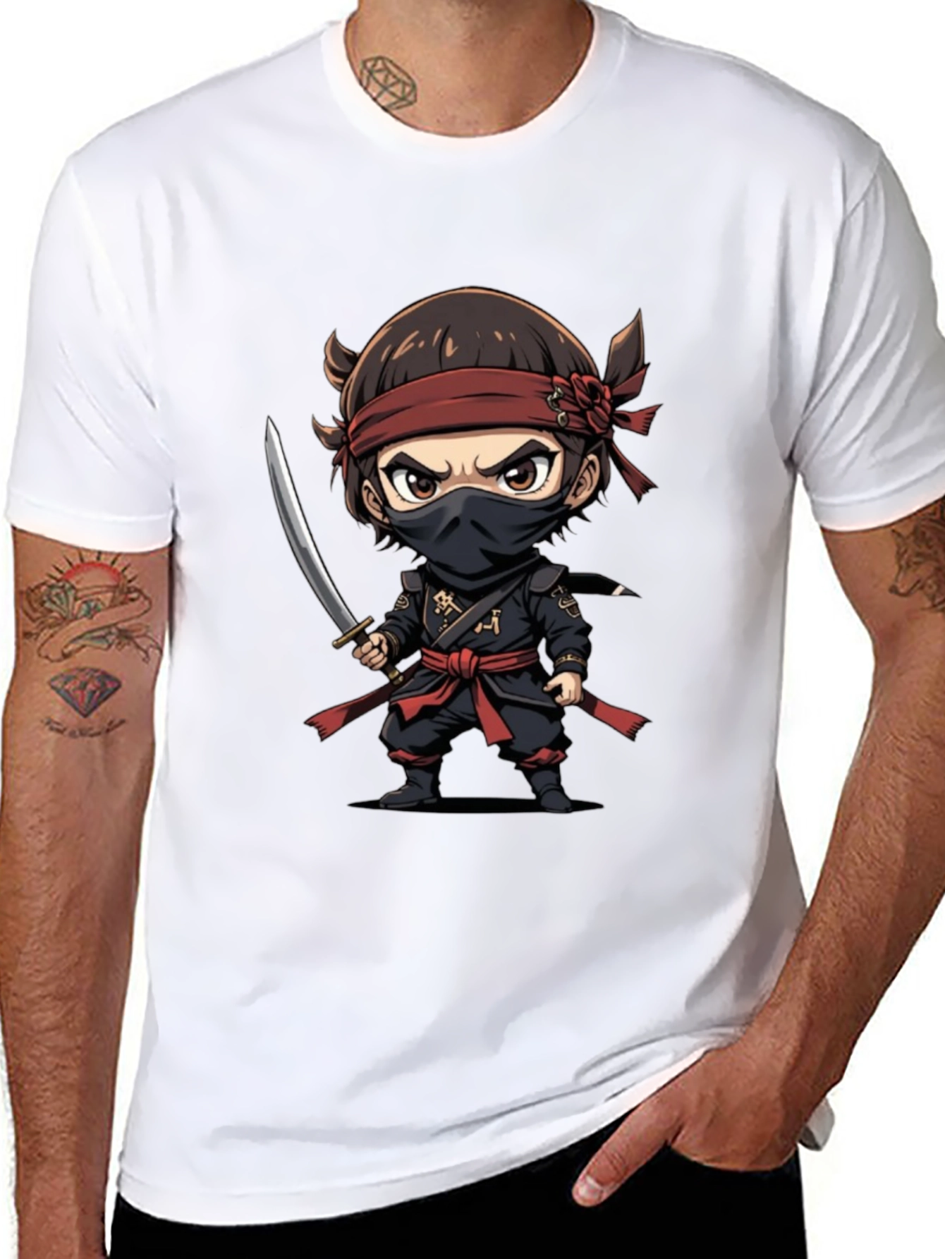 Ninja Cartoon Graphic T-Shirt - Black