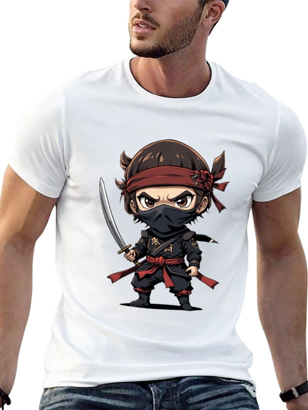 Ninja Cartoon Graphic T-Shirt - Black