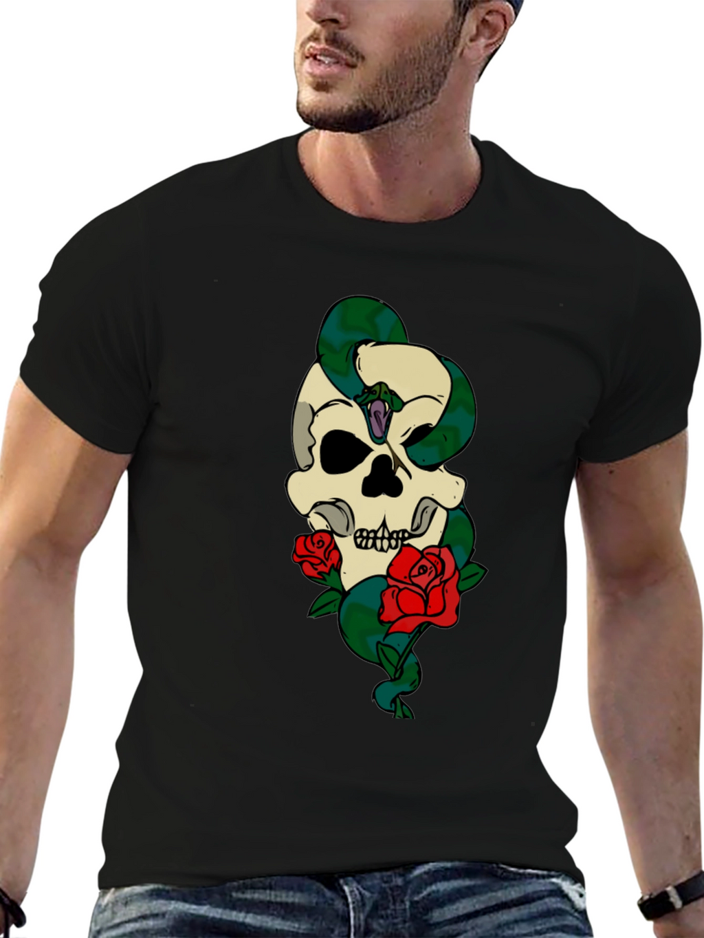 Skull Snake Roses Graphic T-Shirt