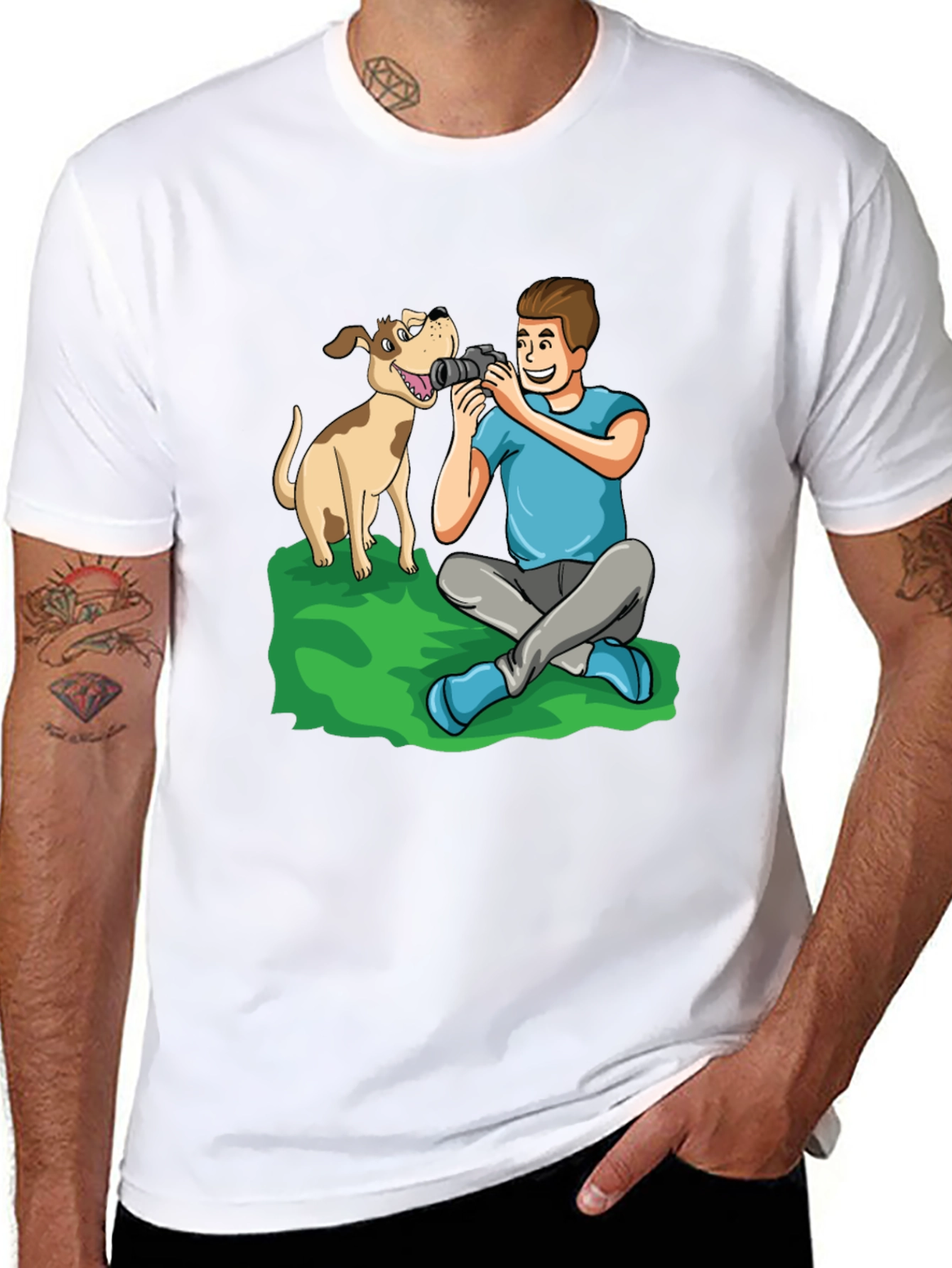 Cartoon Photographer and Dog Black T-Shirt