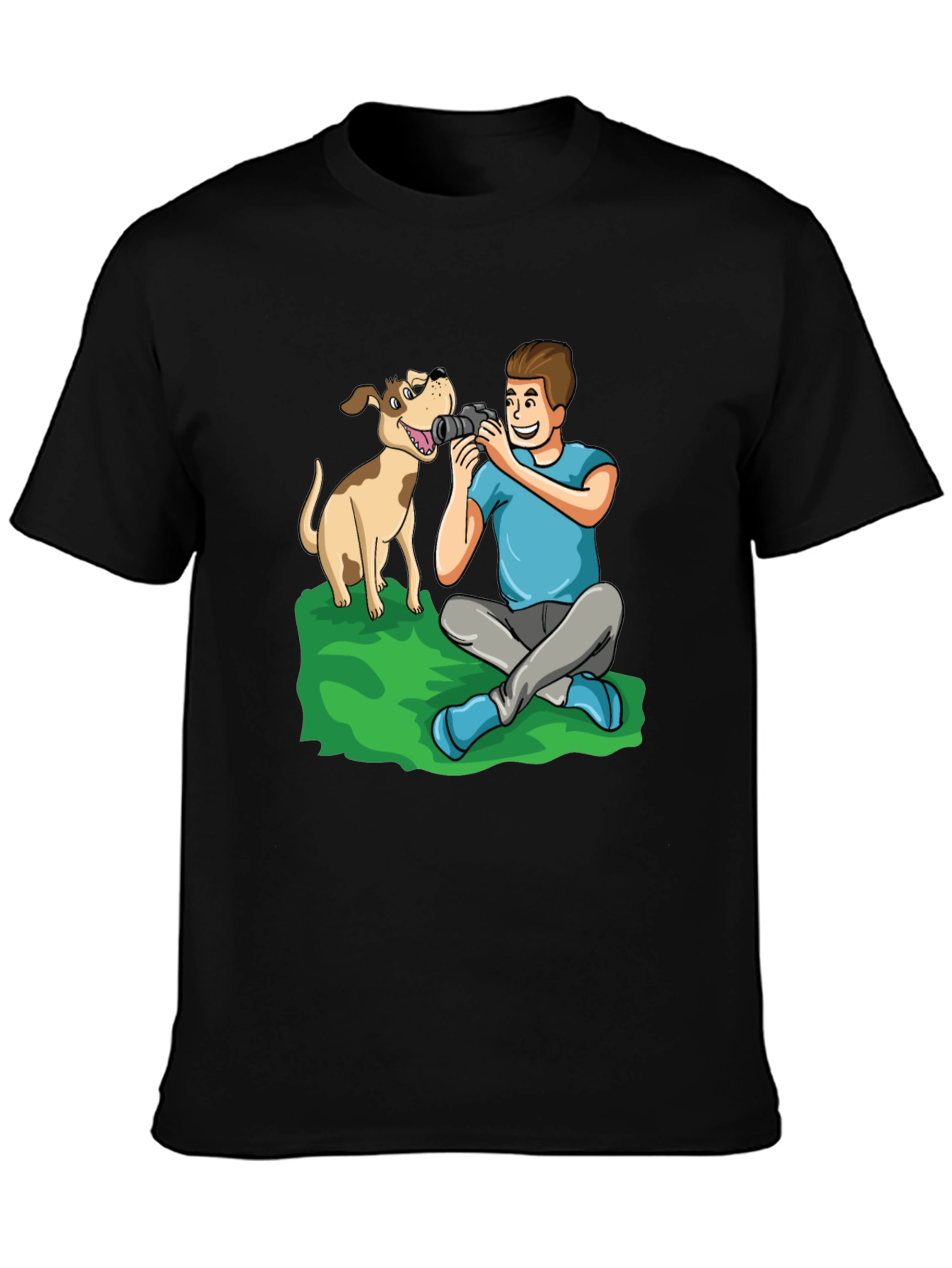 Cartoon Photographer and Dog Black T-Shirt