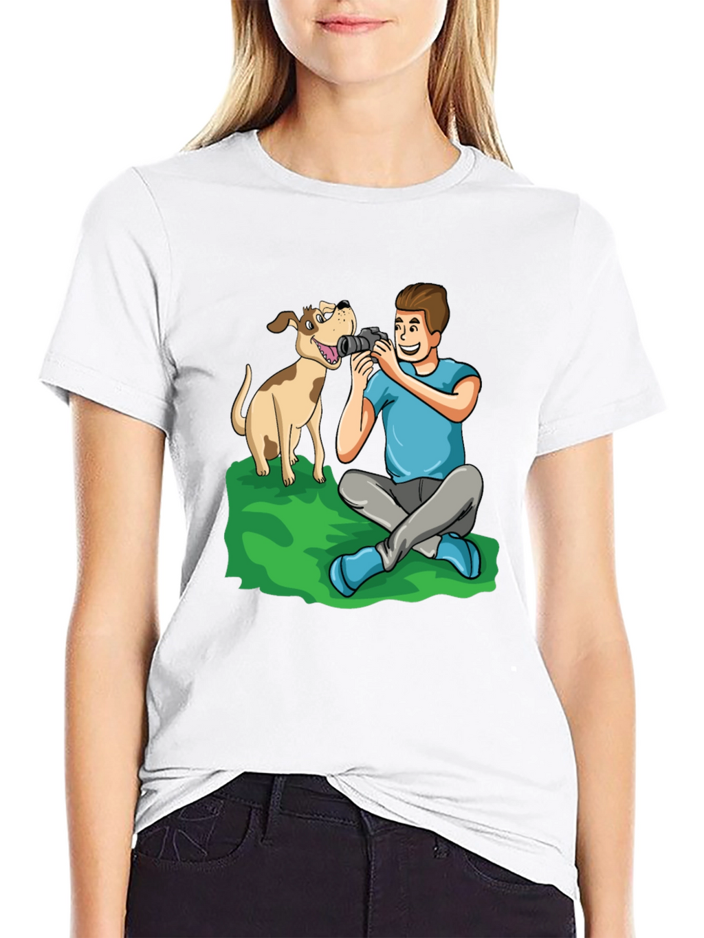 Cartoon Photographer and Dog Black T-Shirt
