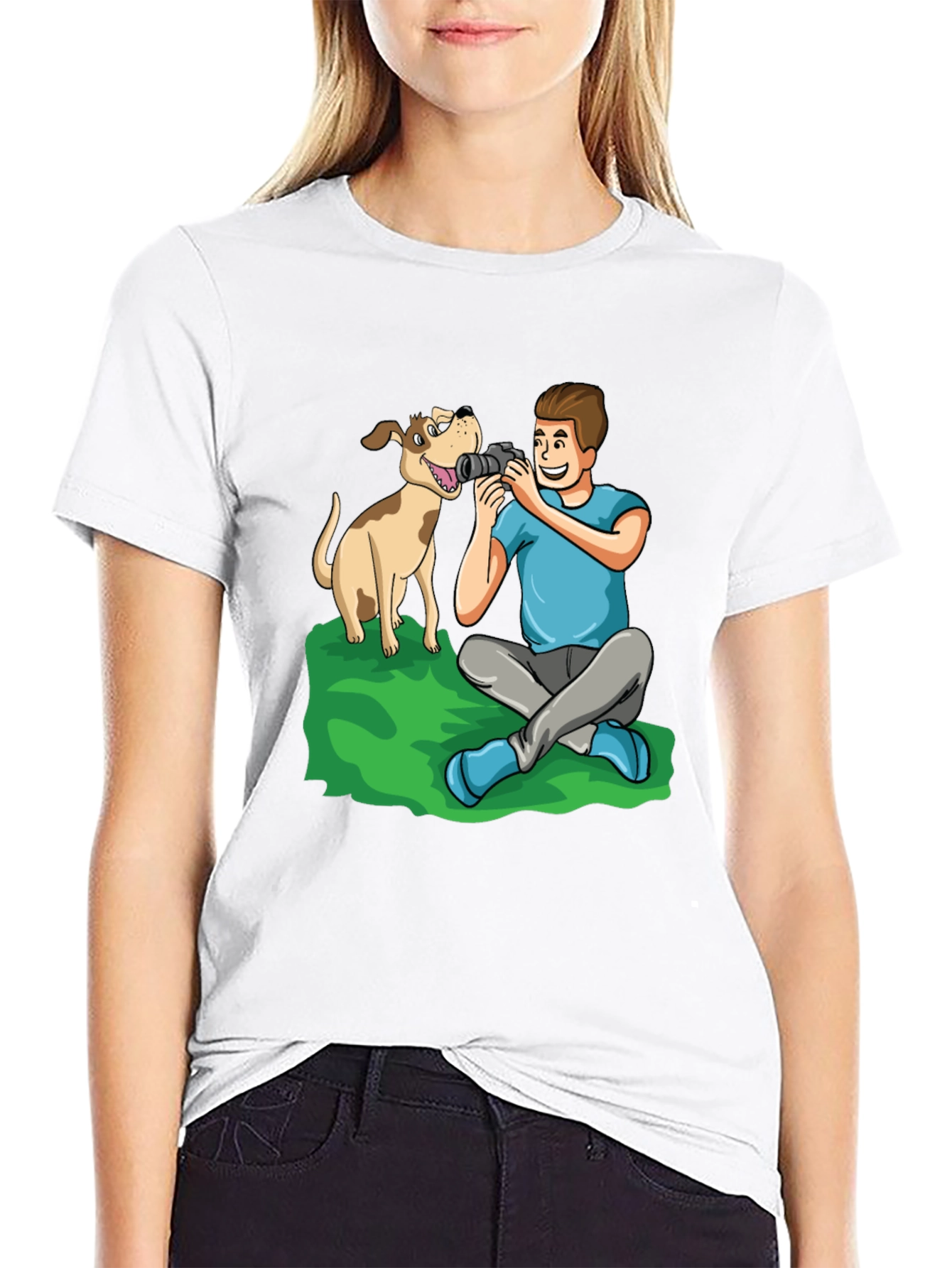 Cartoon Photographer and Dog Black T-Shirt