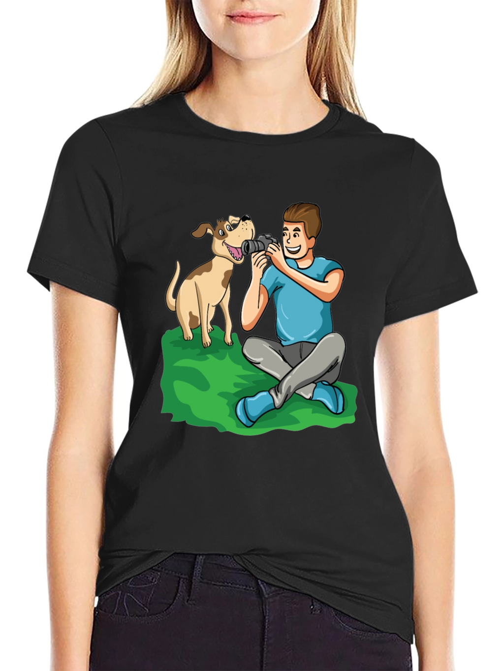 Cartoon Photographer and Dog Black T-Shirt