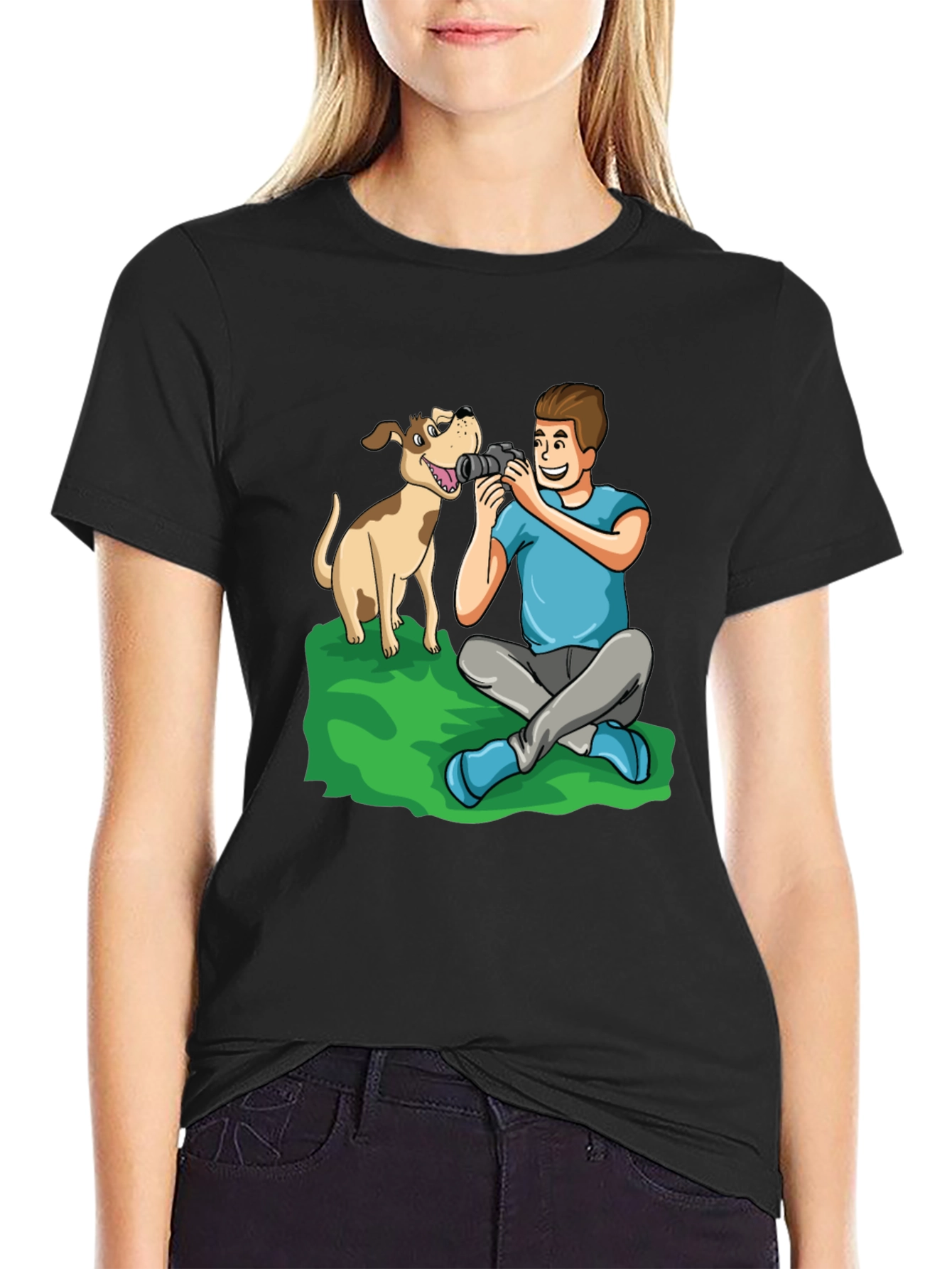 Cartoon Photographer and Dog Black T-Shirt