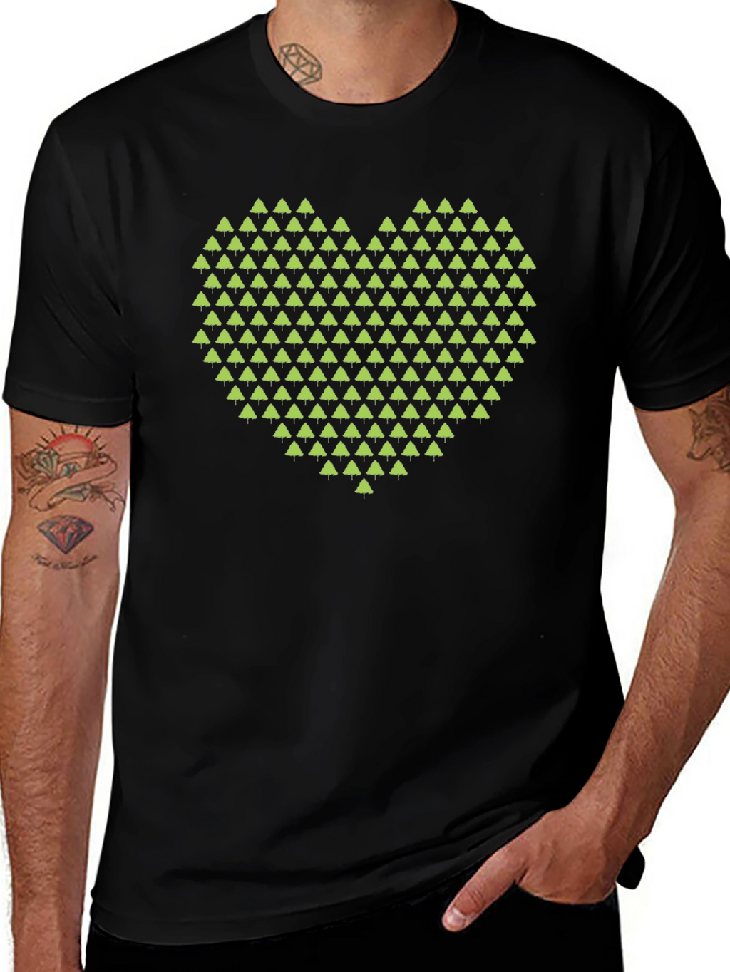 Geometric Heart Tree Print Black T-Shirt