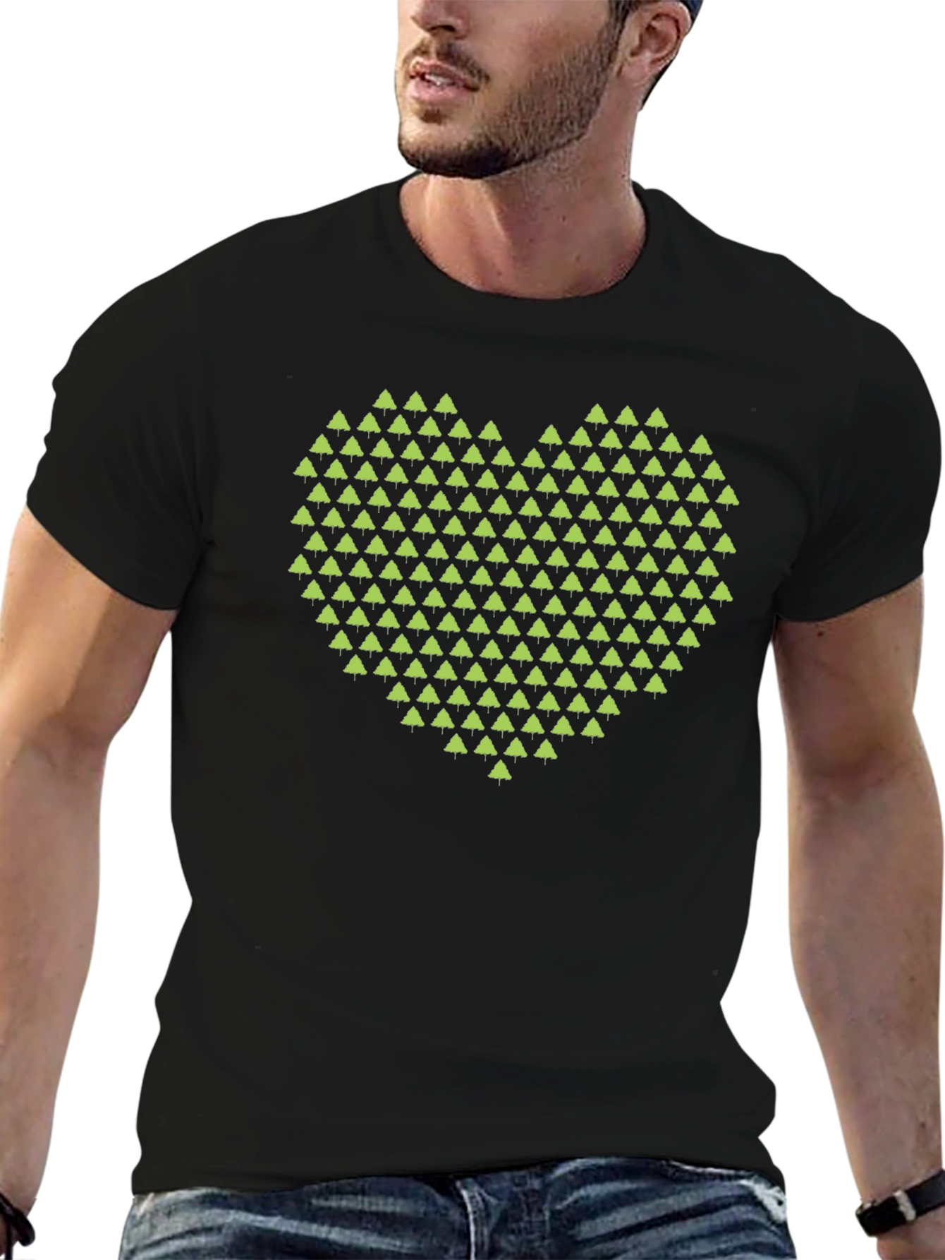 Geometric Heart Tree Print Black T-Shirt