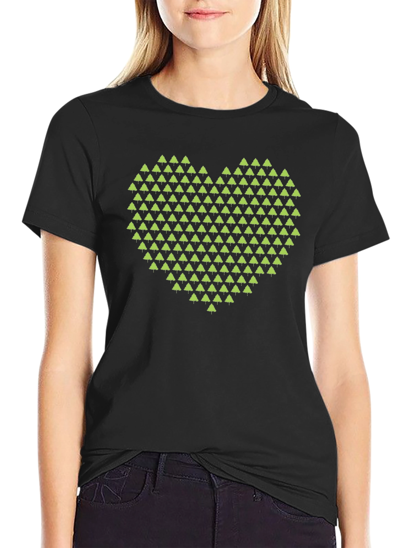 Geometric Heart Tree Print Black T-Shirt