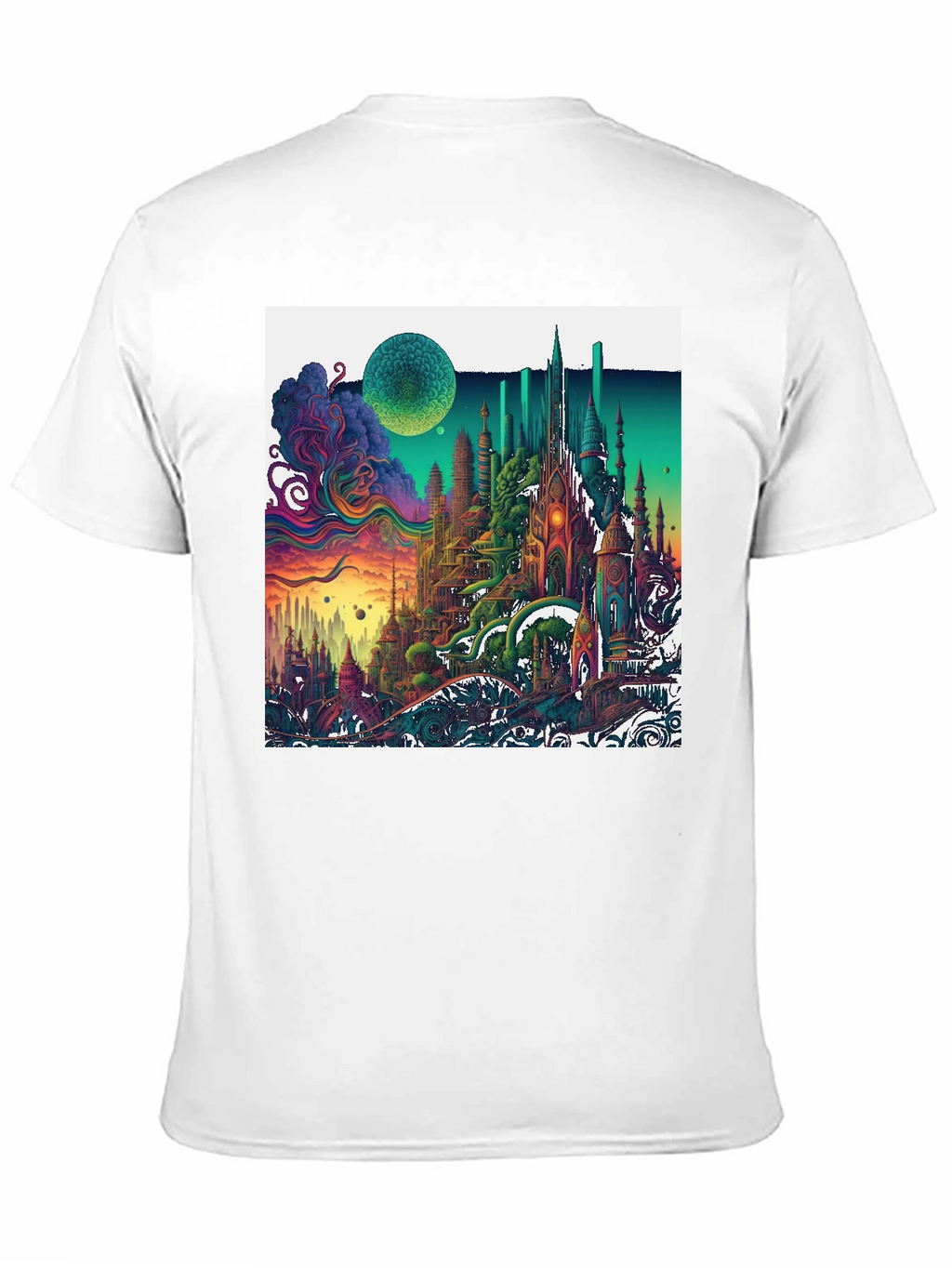 Vibrant Fantasy Cityscape Graphic T-Shirt