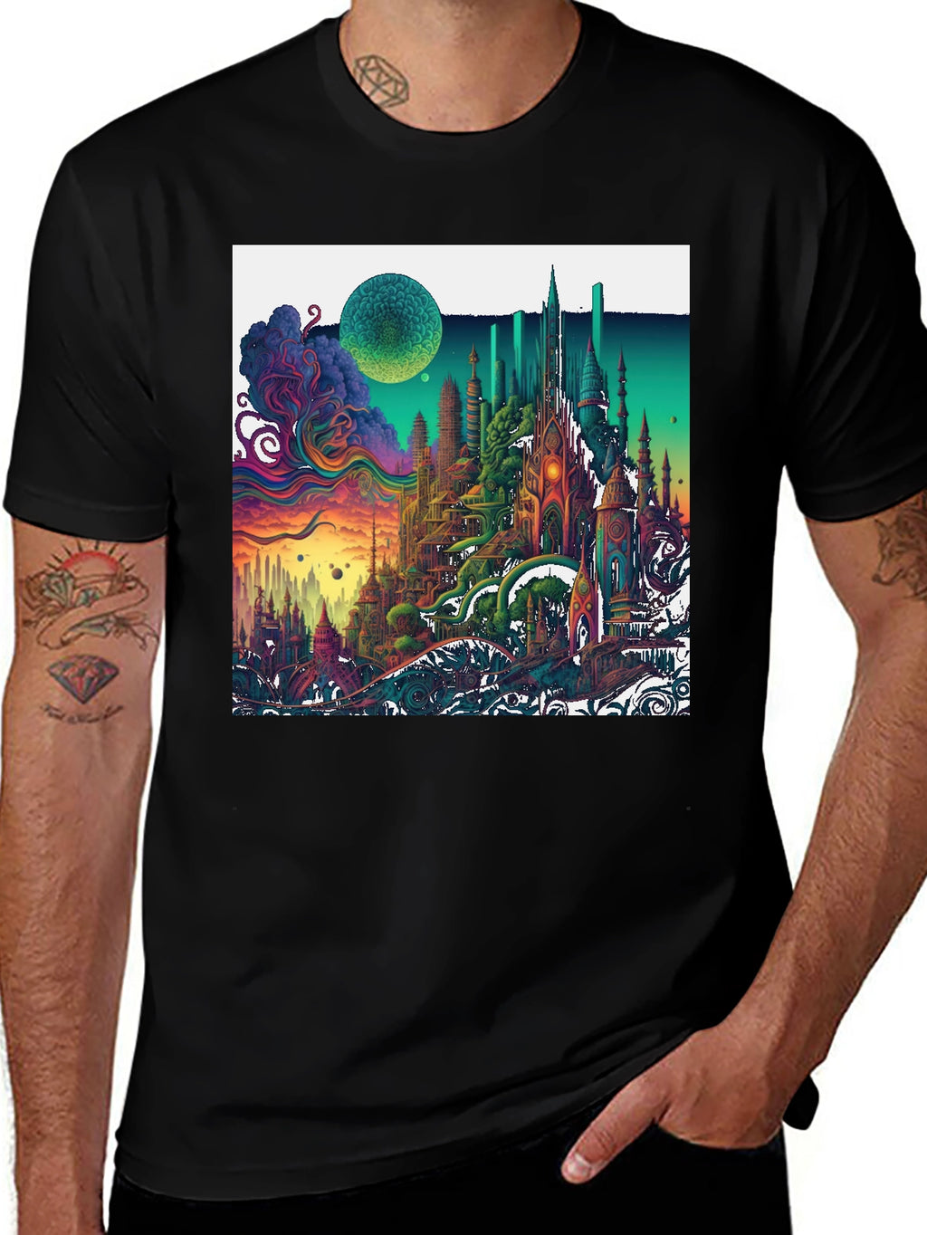 Vibrant Fantasy Cityscape Graphic T-Shirt