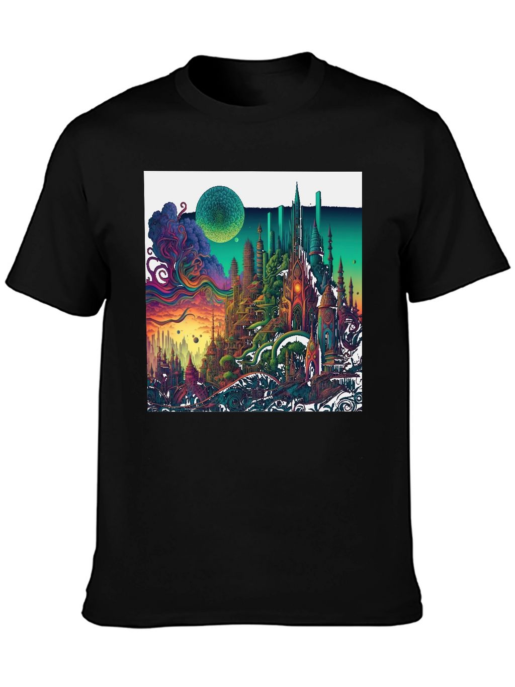 Vibrant Fantasy Cityscape Graphic T-Shirt