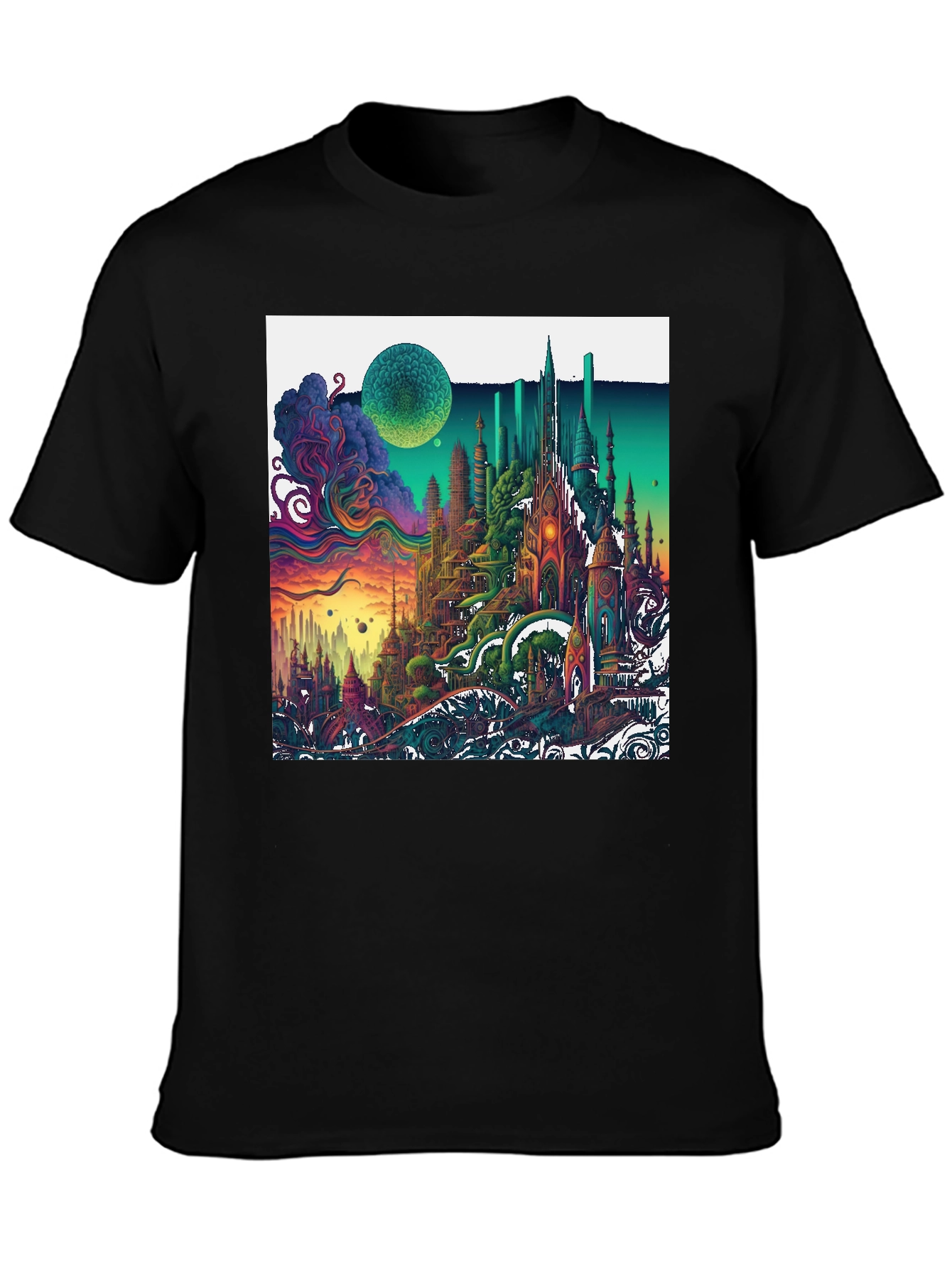 Vibrant Fantasy Cityscape Graphic T-Shirt