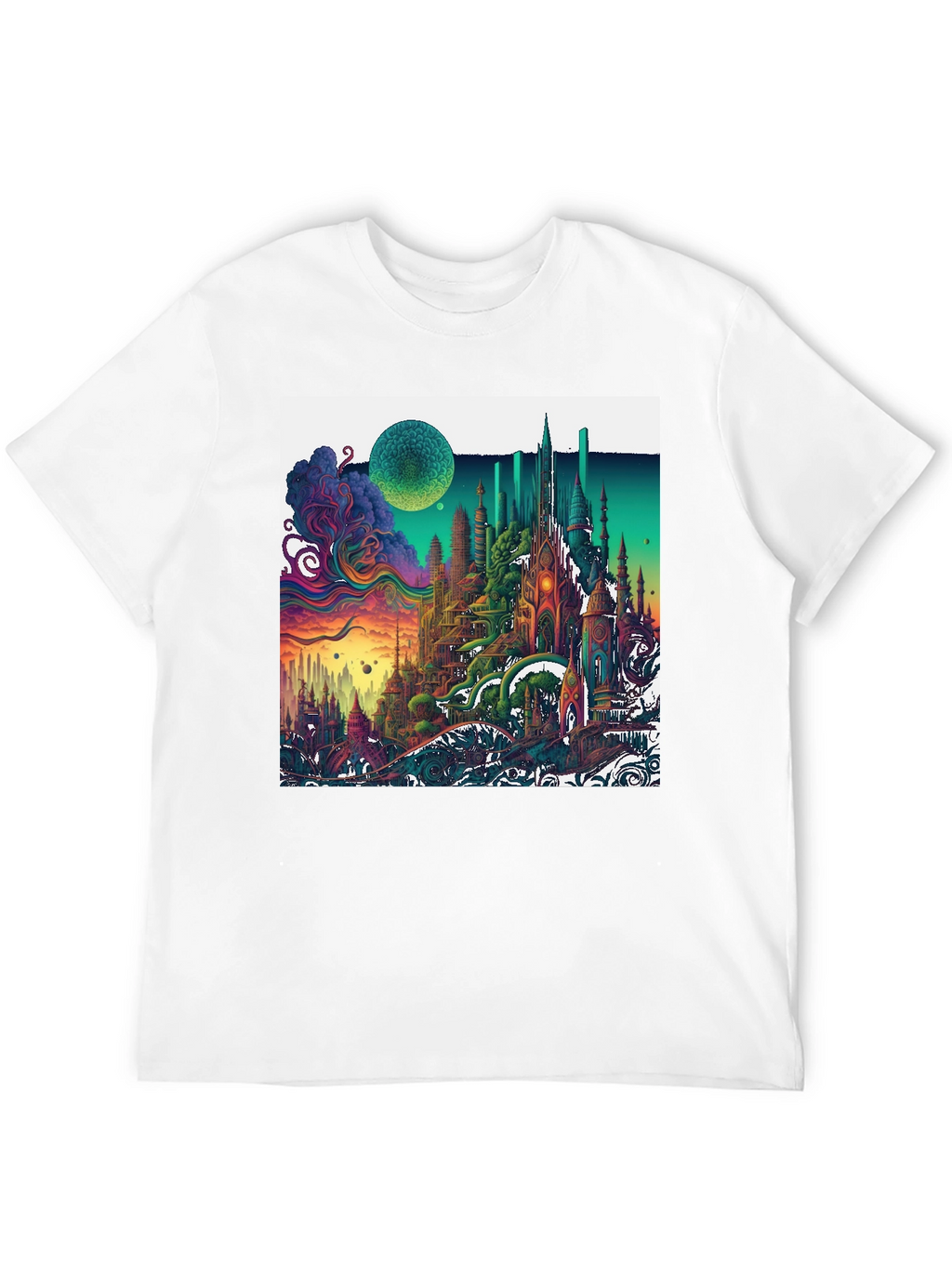 Vibrant Fantasy Cityscape Graphic T-Shirt