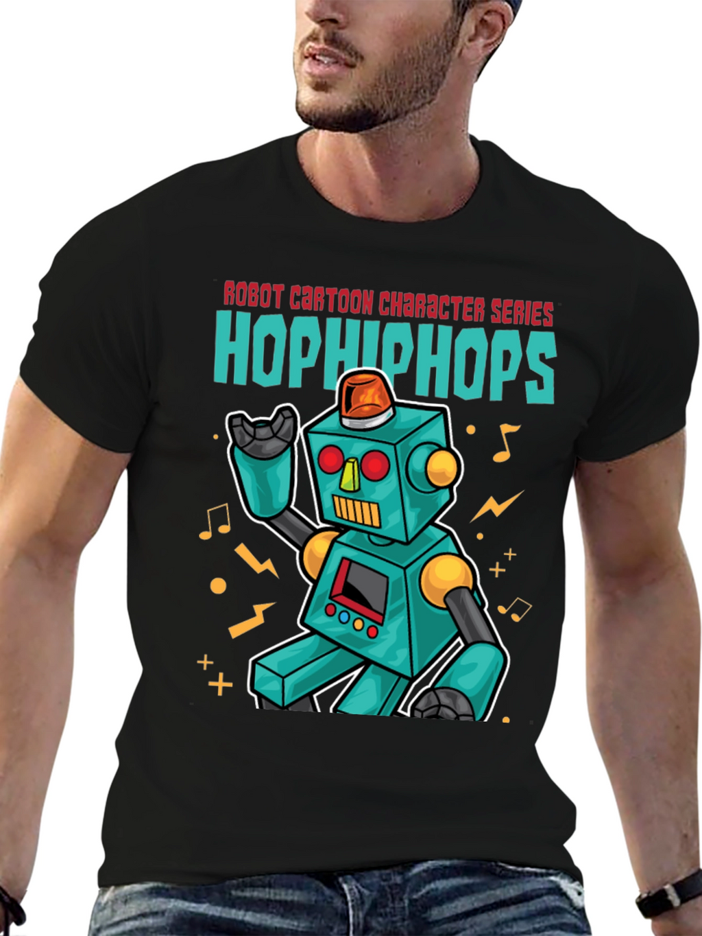 Robot Cartoon Graphic T-Shirt - Black