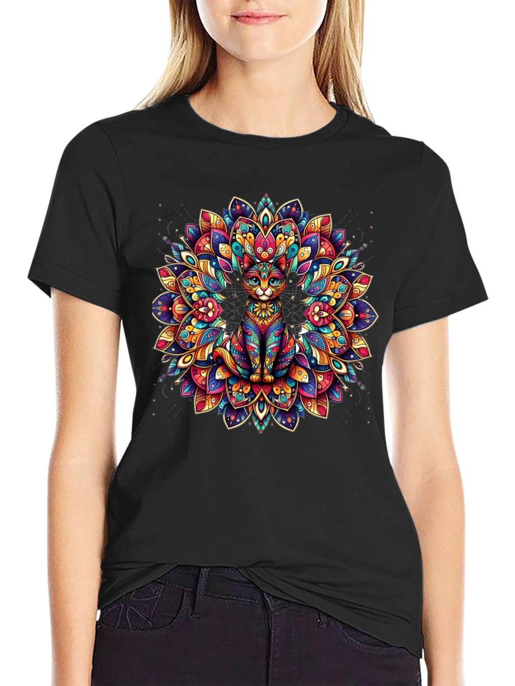 Psychedelic Cat Mandala Graphic Tee