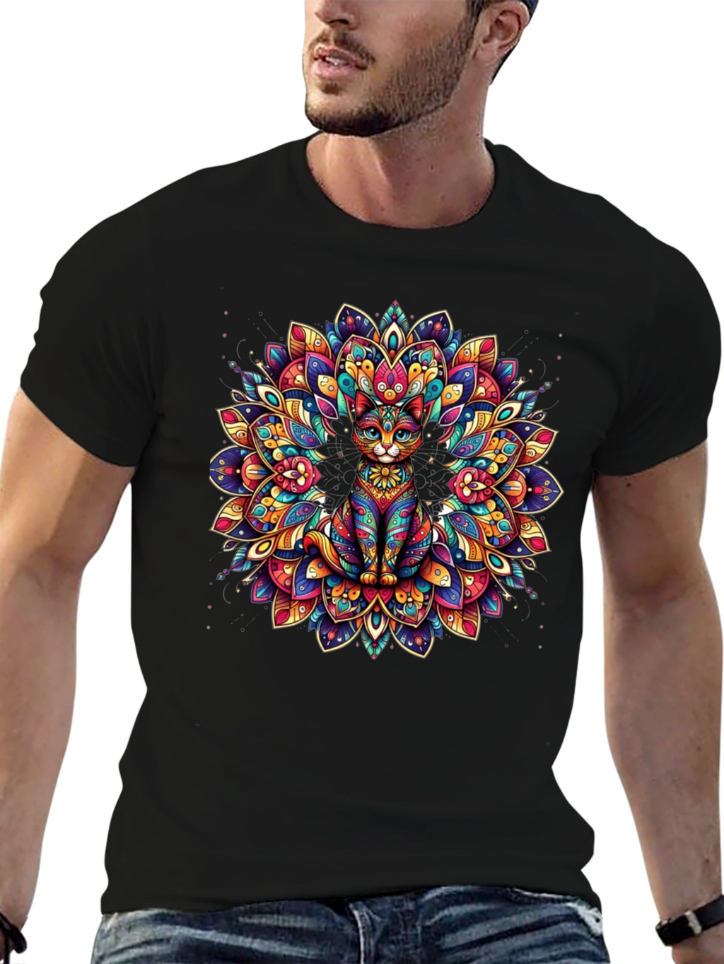 Psychedelic Cat Mandala Graphic Tee