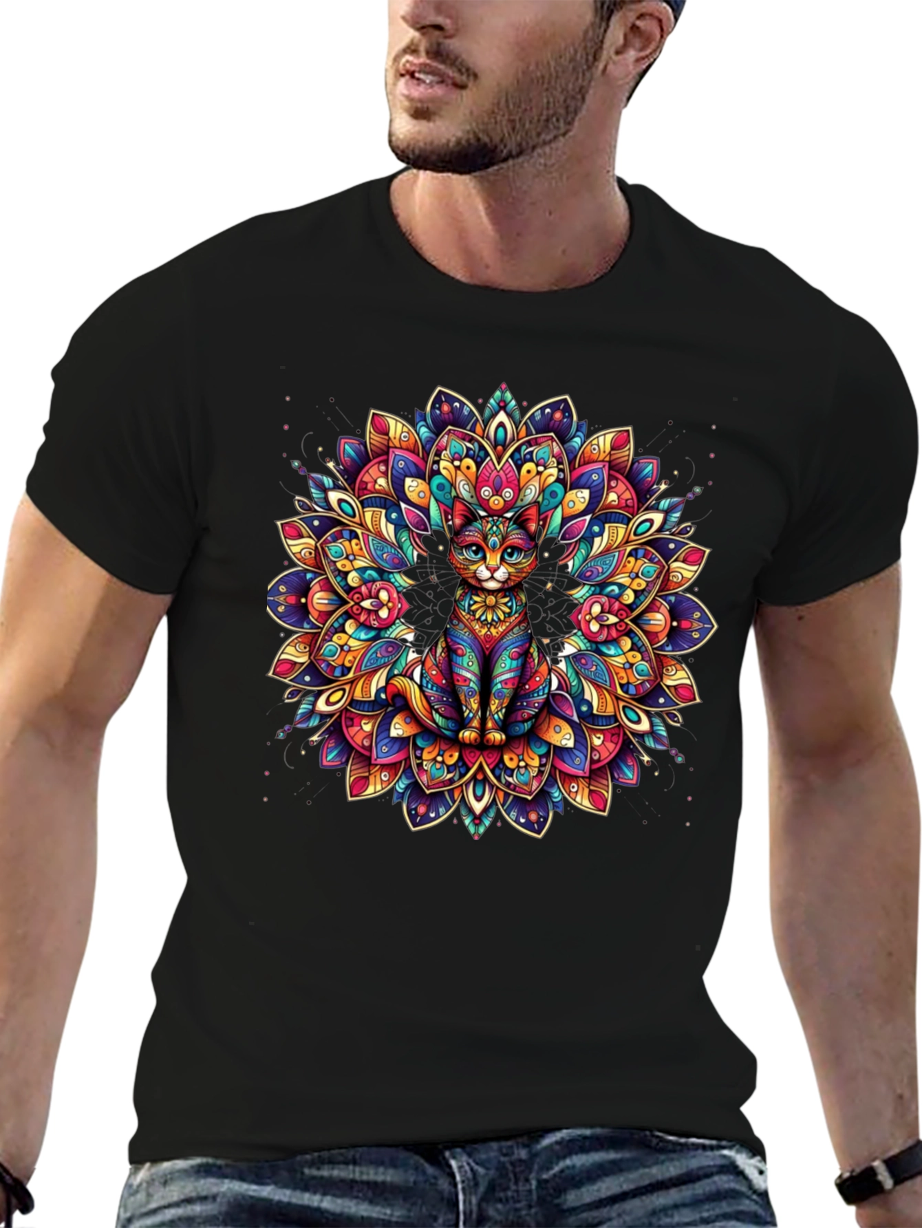 Psychedelic Cat Mandala Graphic Tee