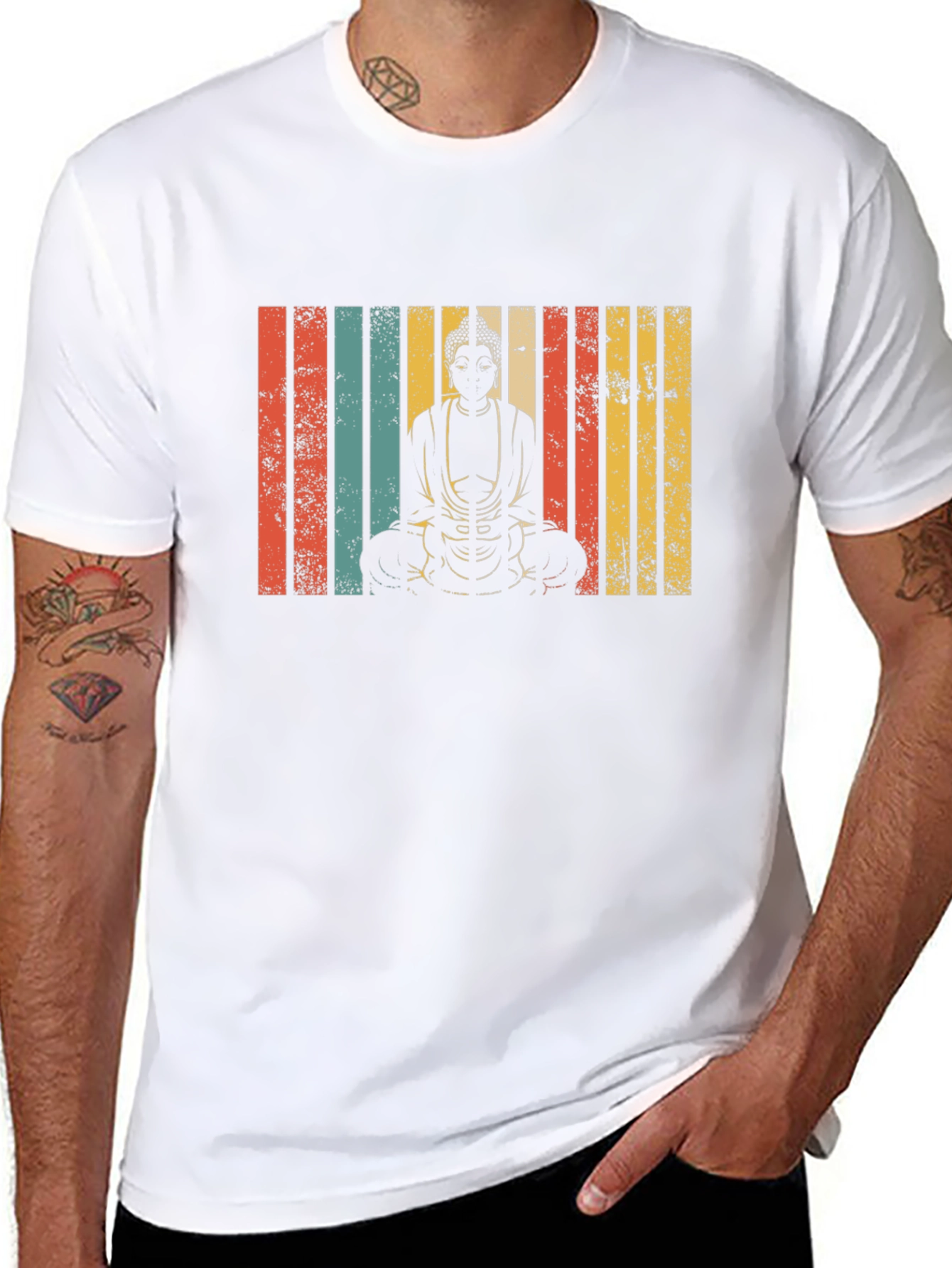 Buddha Graphic Tee - Retro Stripe Design