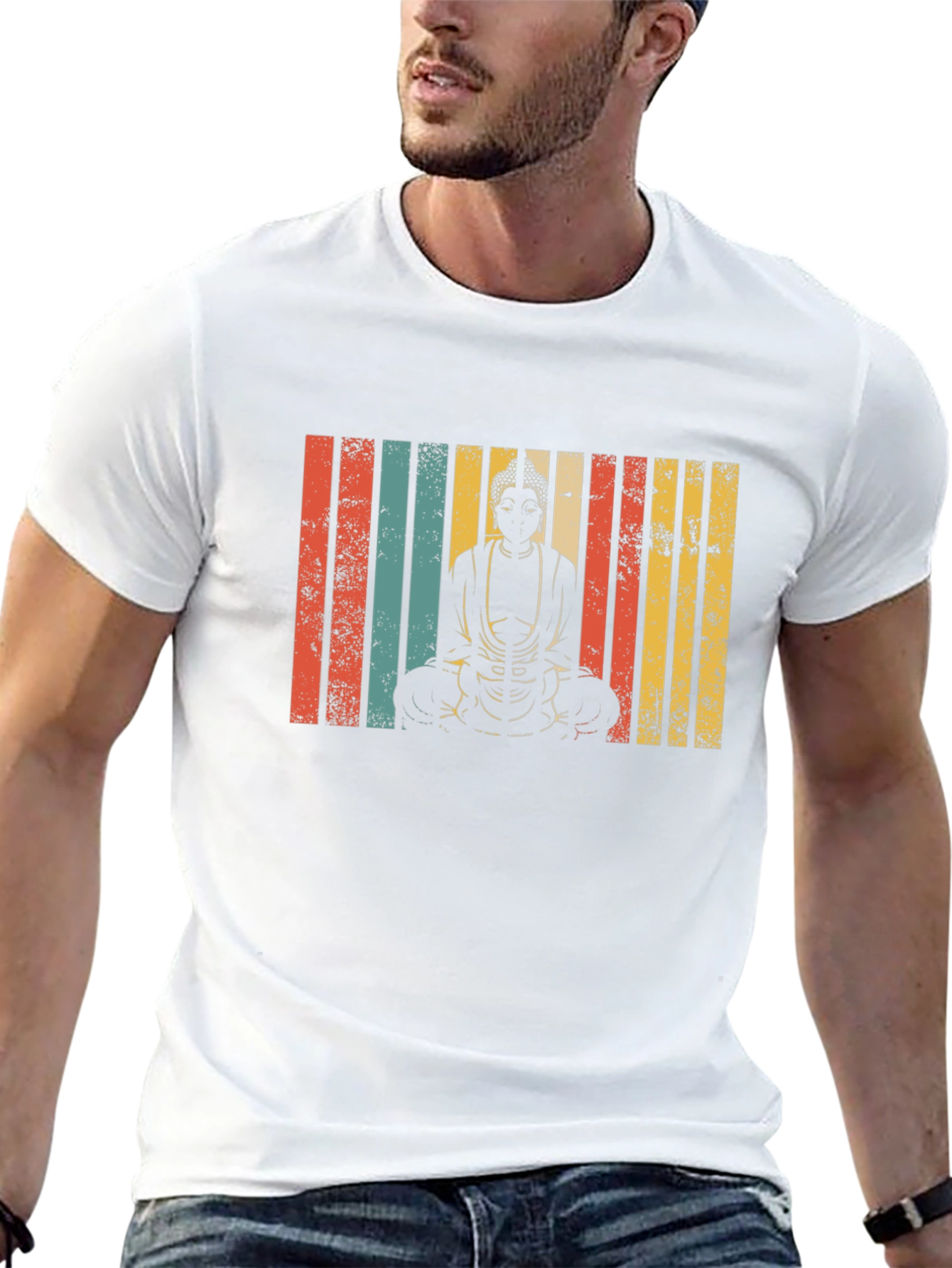 Buddha Graphic Tee - Retro Stripe Design