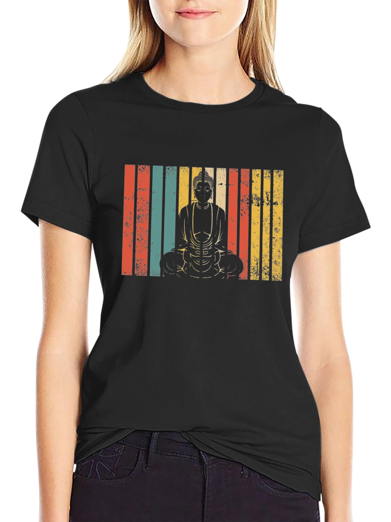 Buddha Graphic Tee - Retro Stripe Design