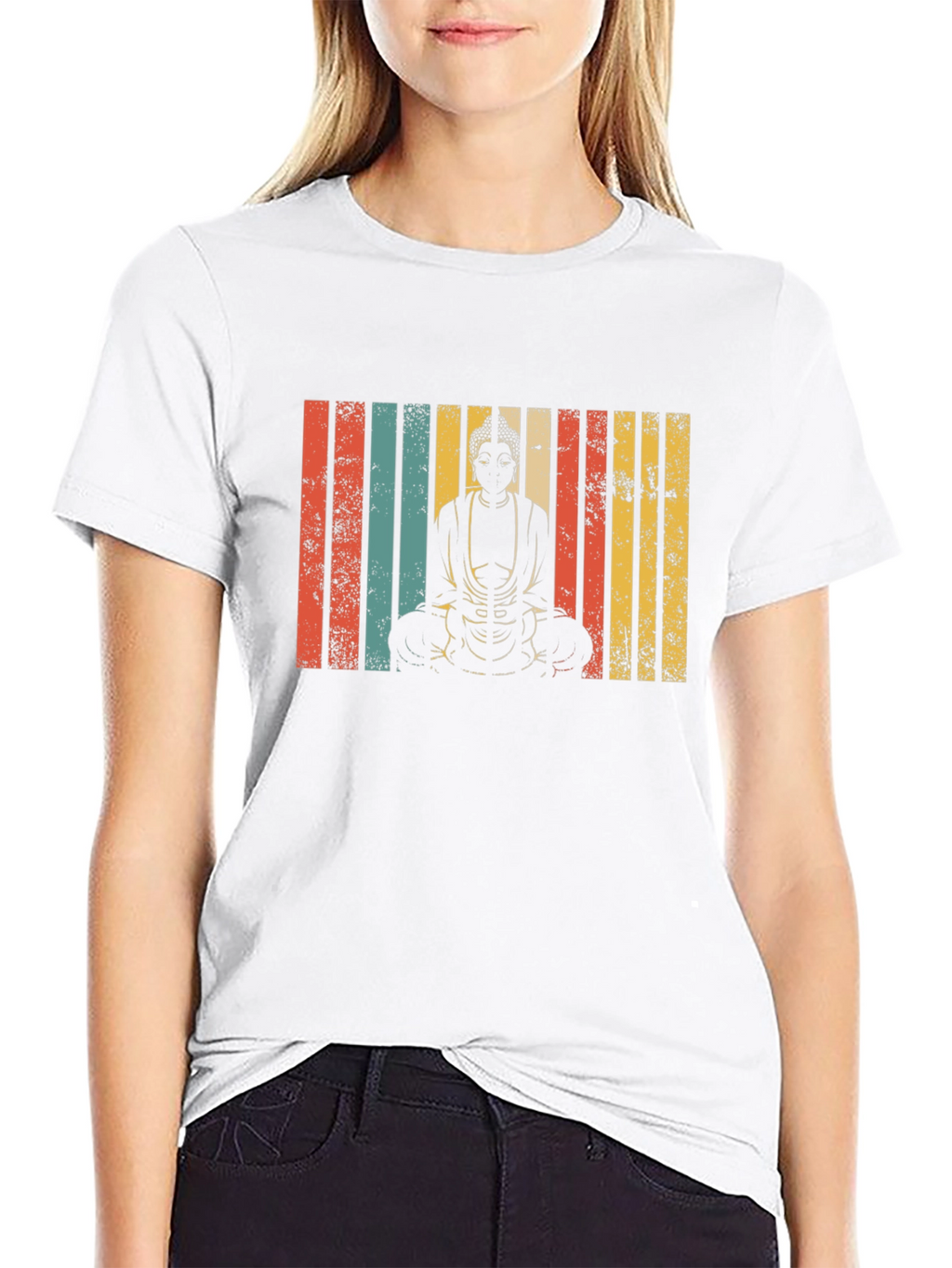 Buddha Graphic Tee - Retro Stripe Design