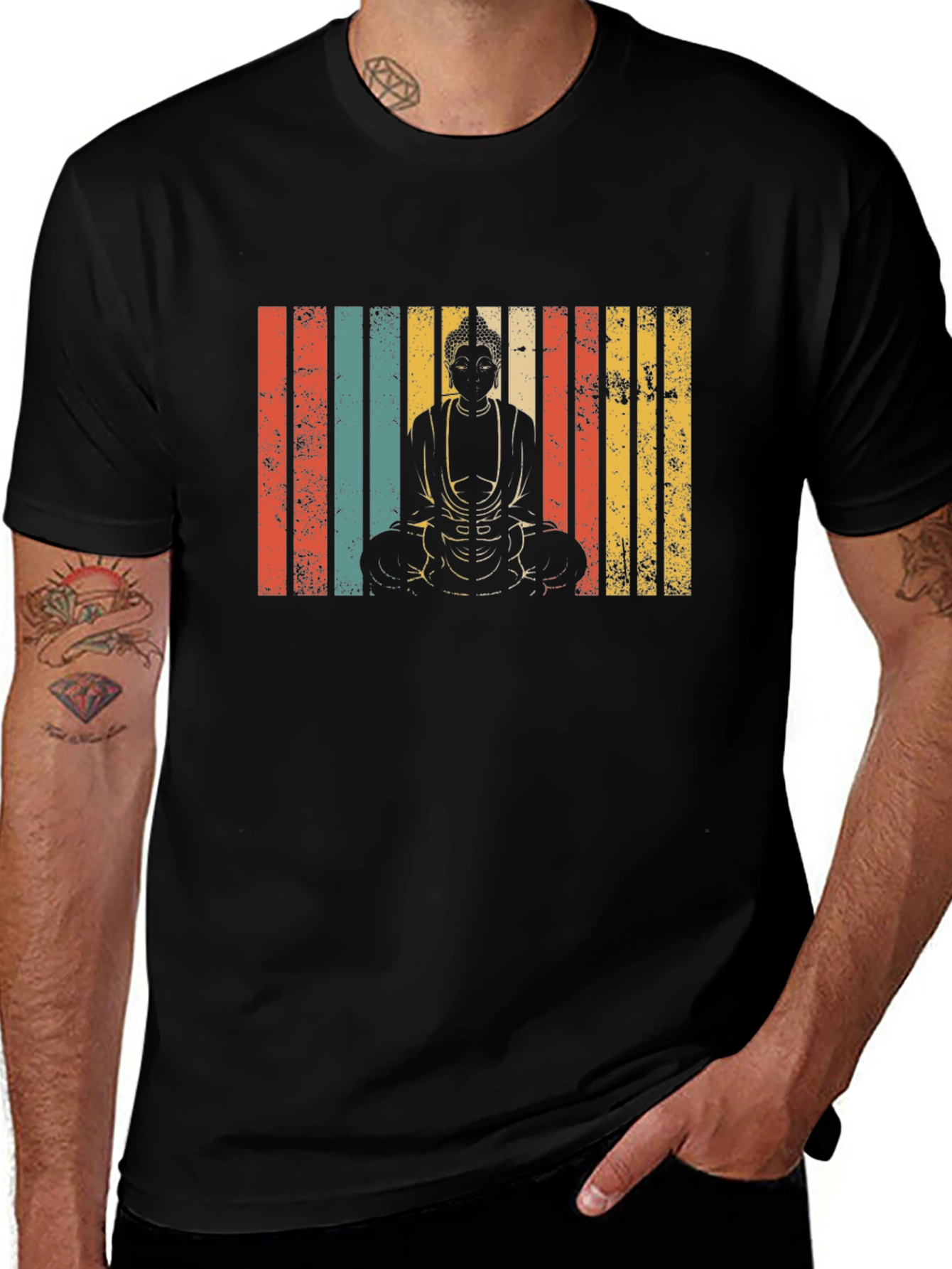 Buddha Graphic Tee - Retro Stripe Design