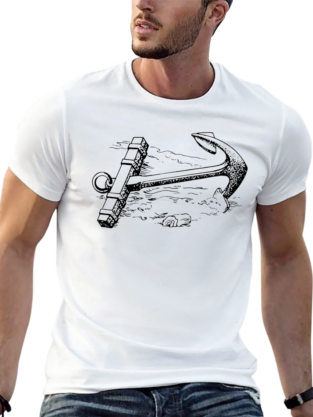 Nautical Anchor Graphic Tee - Black Cotton T-Shirt
