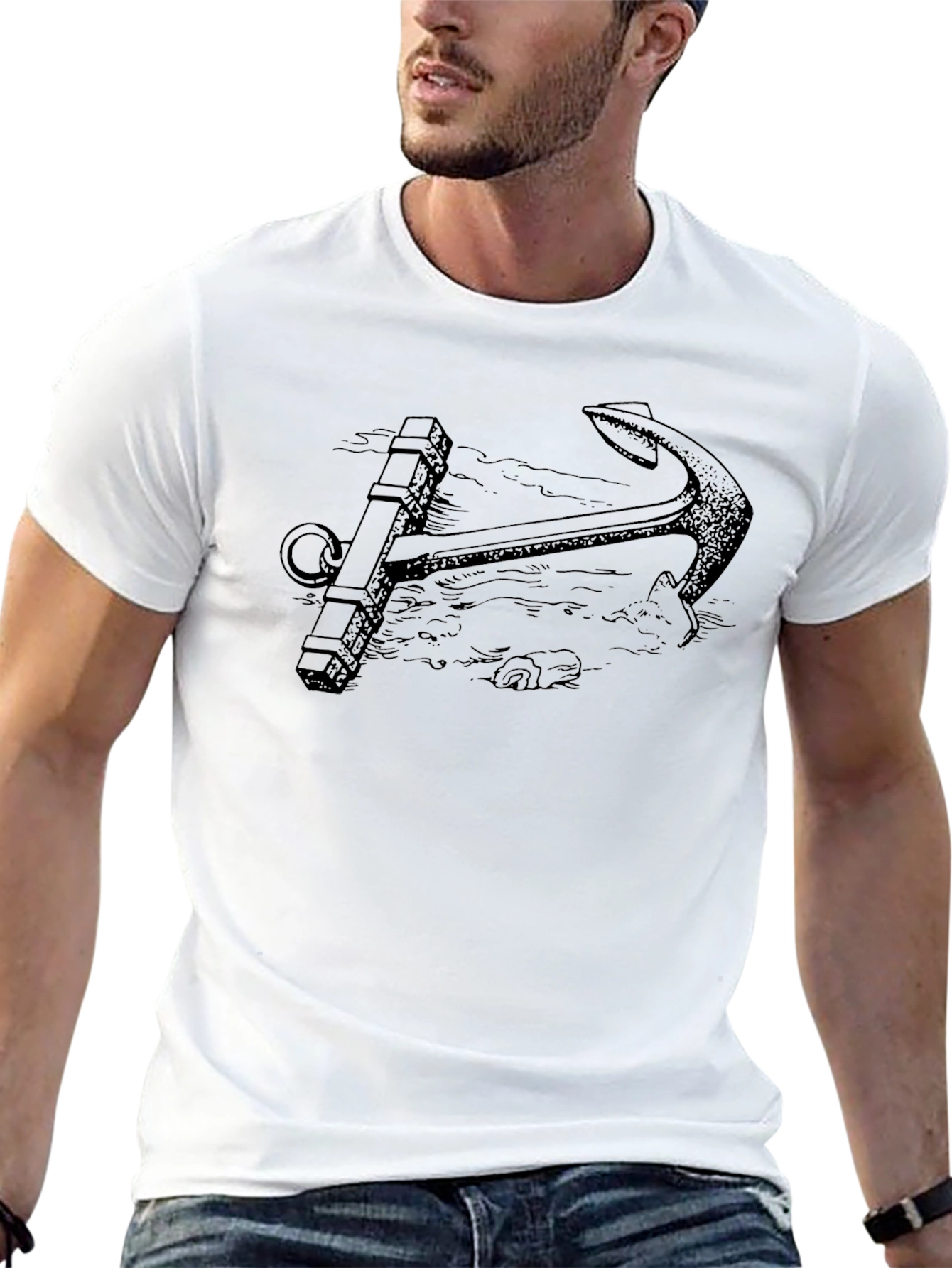 Nautical Anchor Graphic Tee - Black Cotton T-Shirt