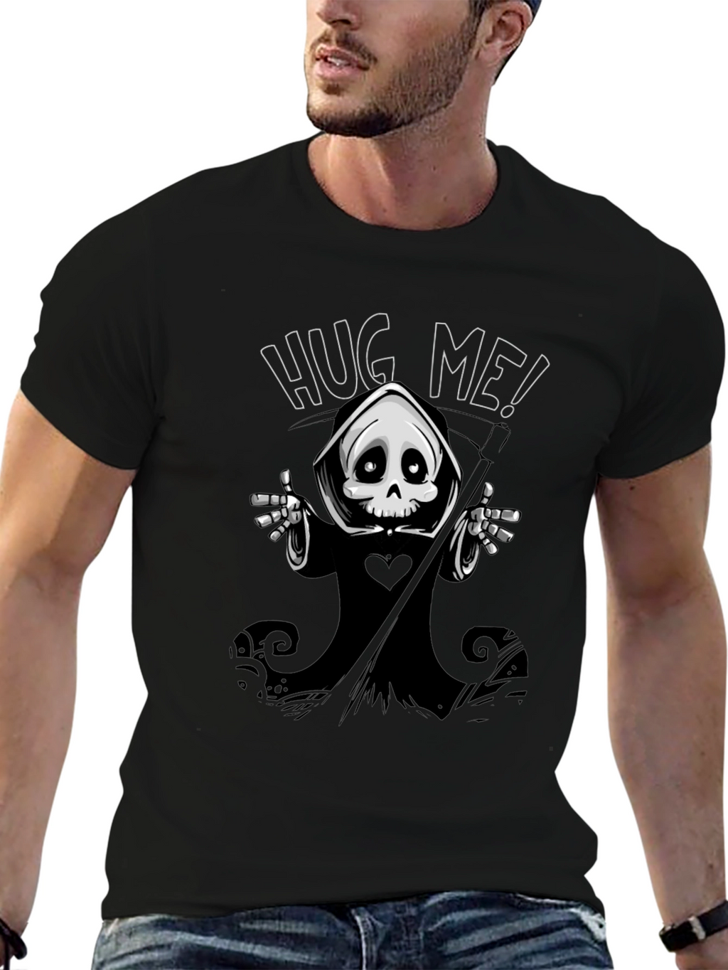 Hug Me! Grim Reaper Graphic Black T-Shirt