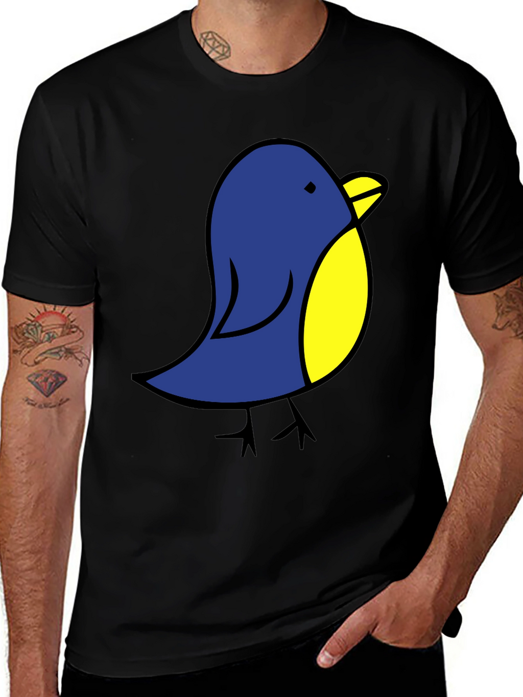 Cute Blue Bird Graphic Tee - Black Cotton T-Shirt