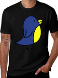 Cute Blue Bird Graphic Tee - Black Cotton T-Shirt