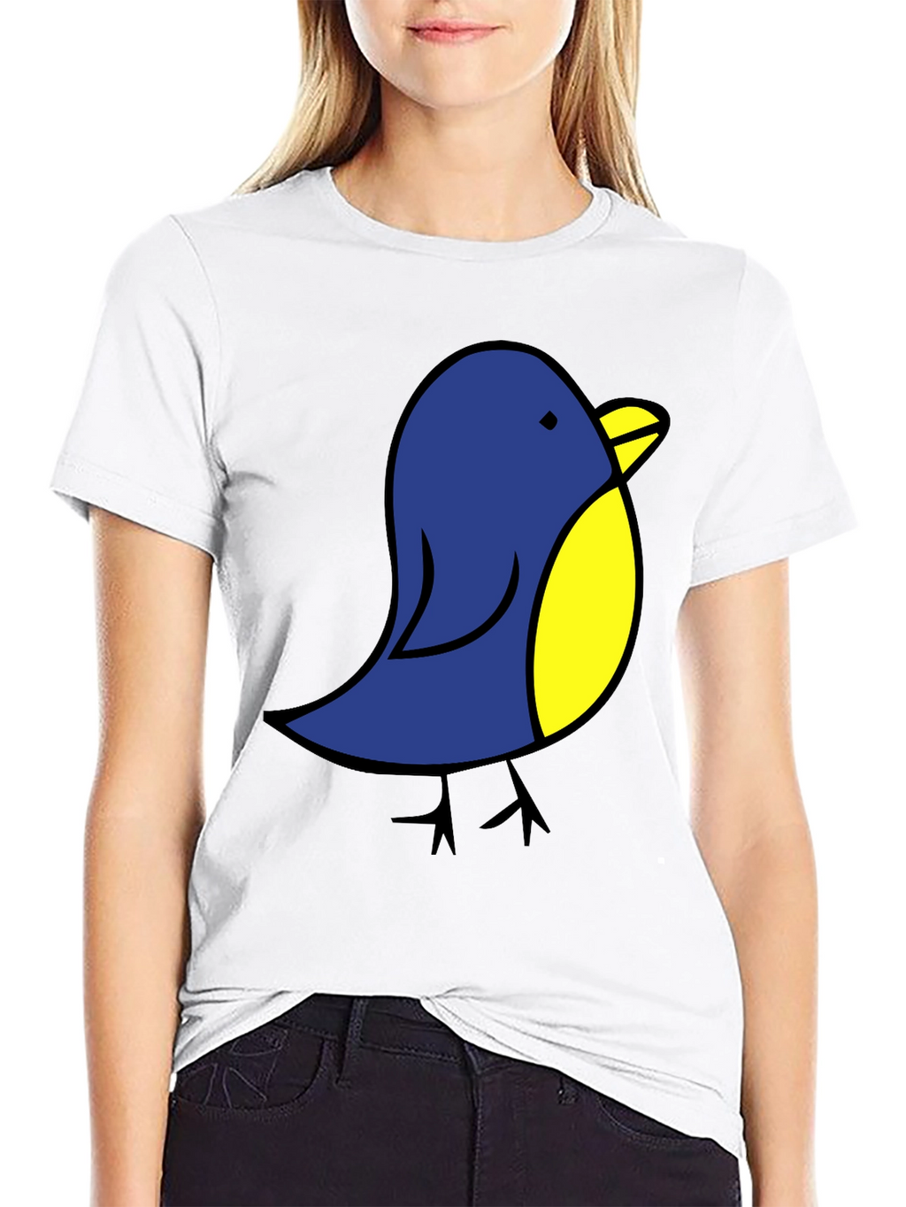 Cute Blue Bird Graphic Tee - Black Cotton T-Shirt