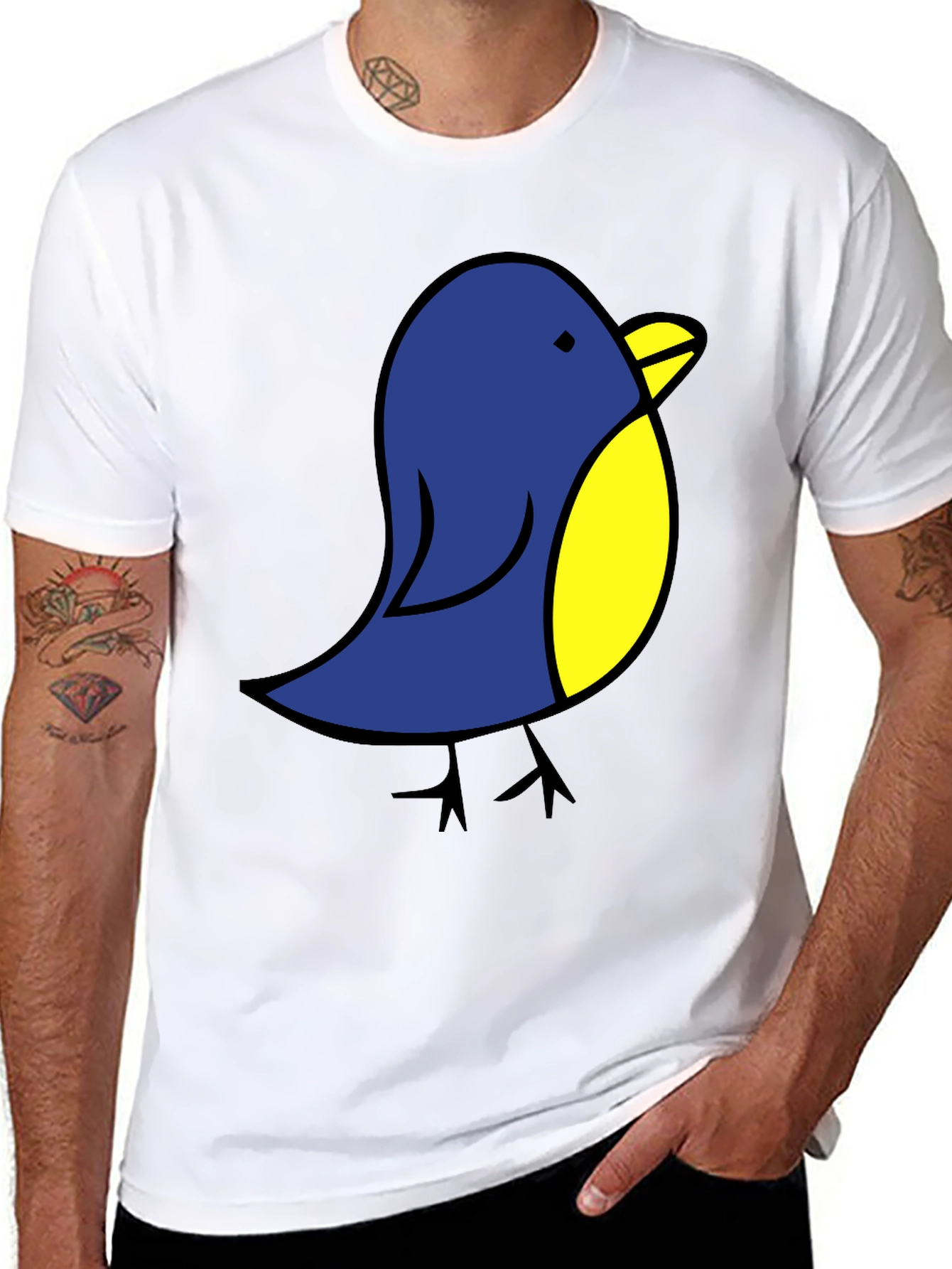 Cute Blue Bird Graphic Tee - Black Cotton T-Shirt