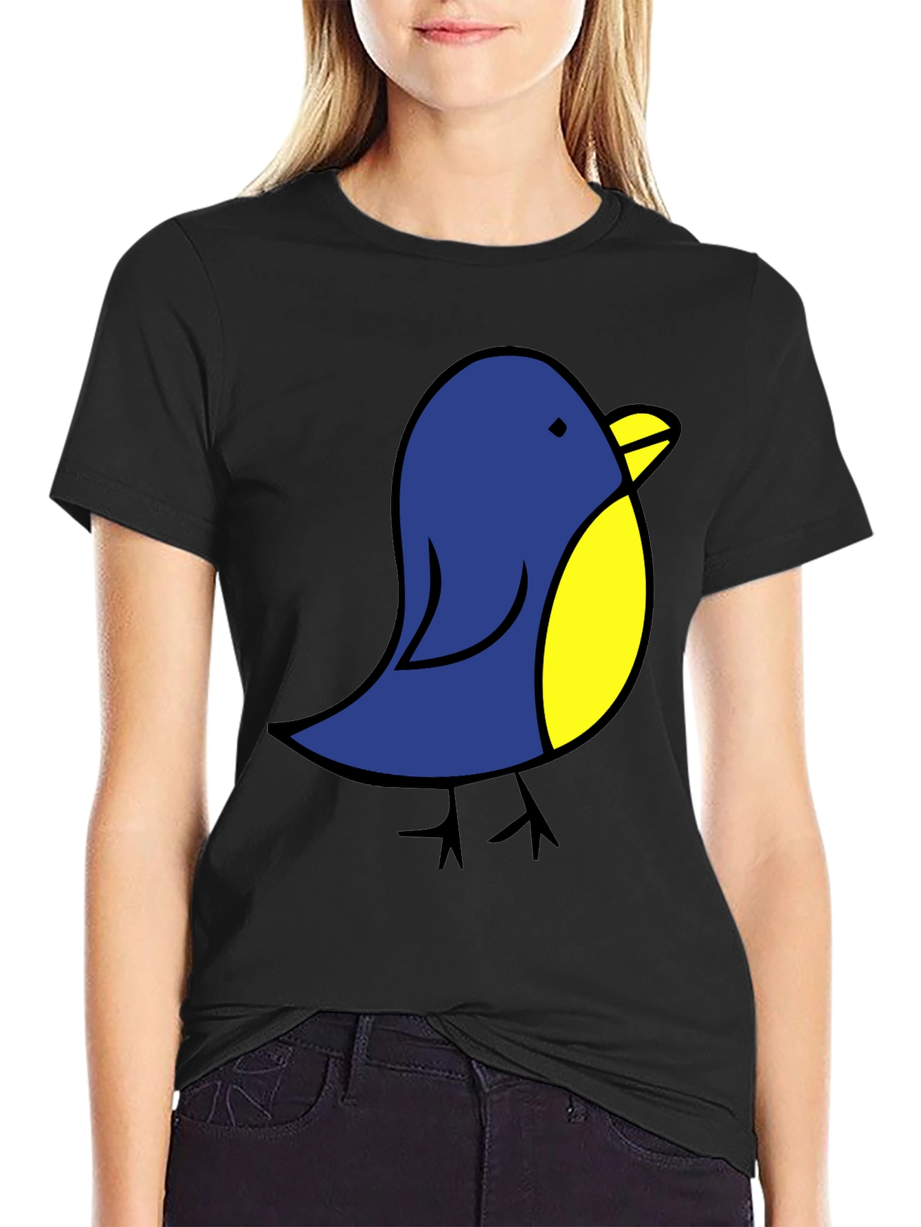 Cute Blue Bird Graphic Tee - Black Cotton T-Shirt
