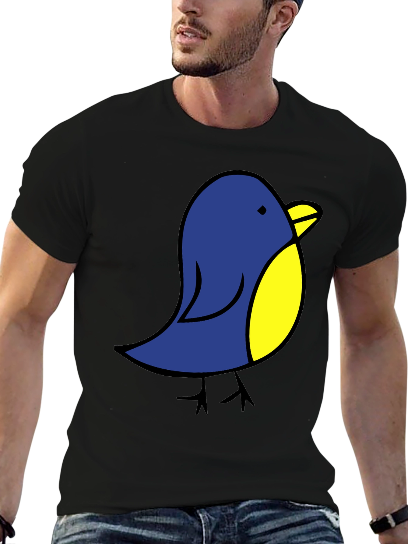 Cute Blue Bird Graphic Tee - Black Cotton T-Shirt