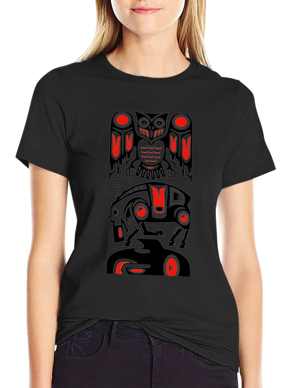 Totem Pole Art Graphic T-Shirt - Black