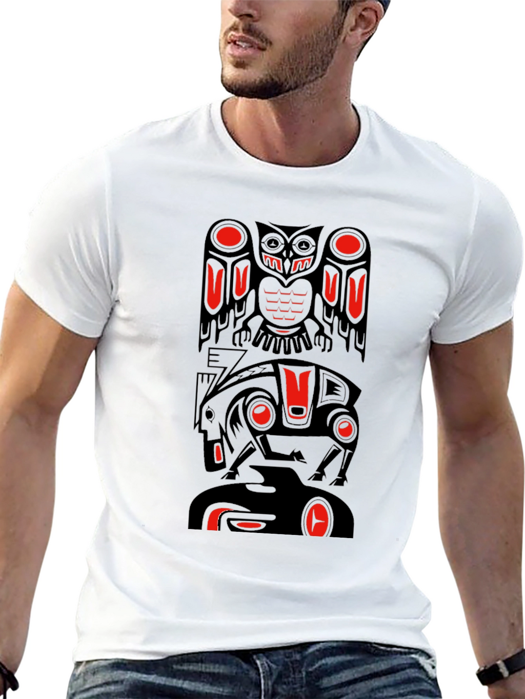 Totem Pole Art Graphic T-Shirt - Black