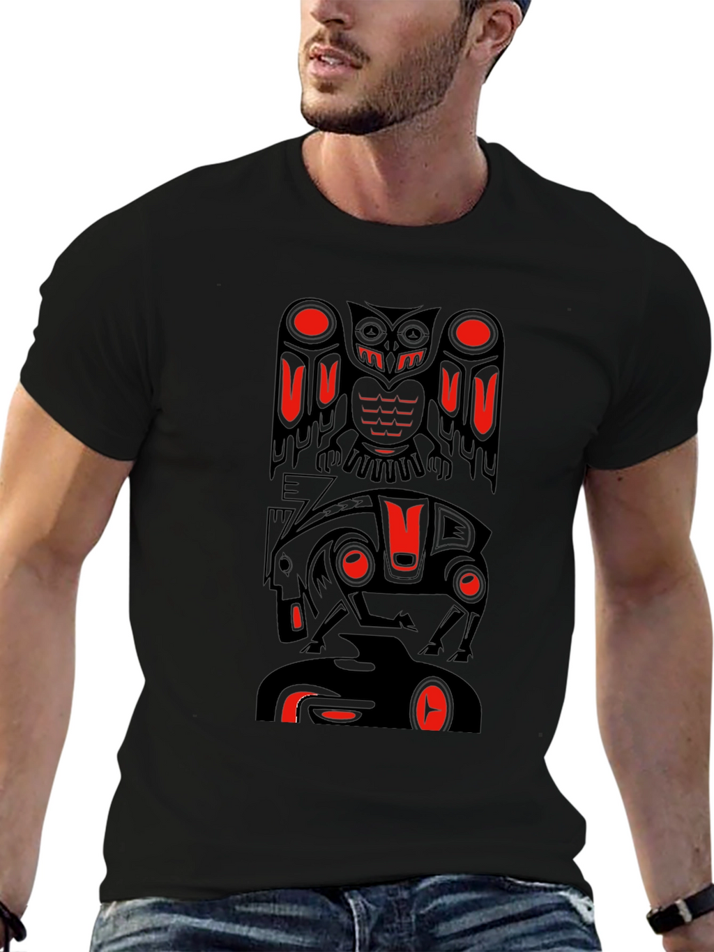 Totem Pole Art Graphic T-Shirt - Black