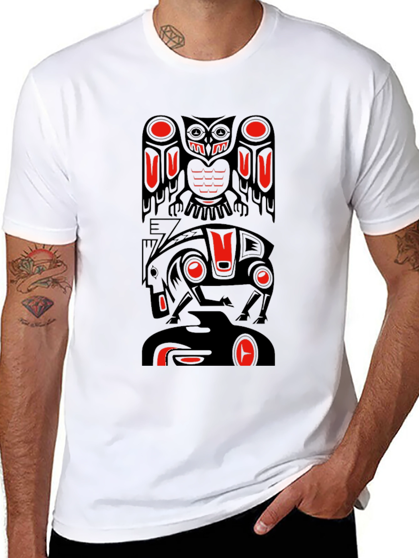 Totem Pole Art Graphic T-Shirt - Black