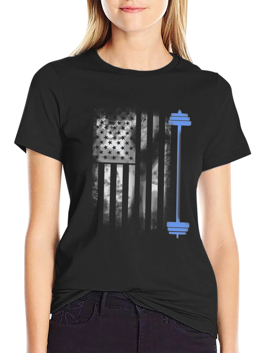 Patriotic Fitness T-Shirt - American Flag Barbell Design