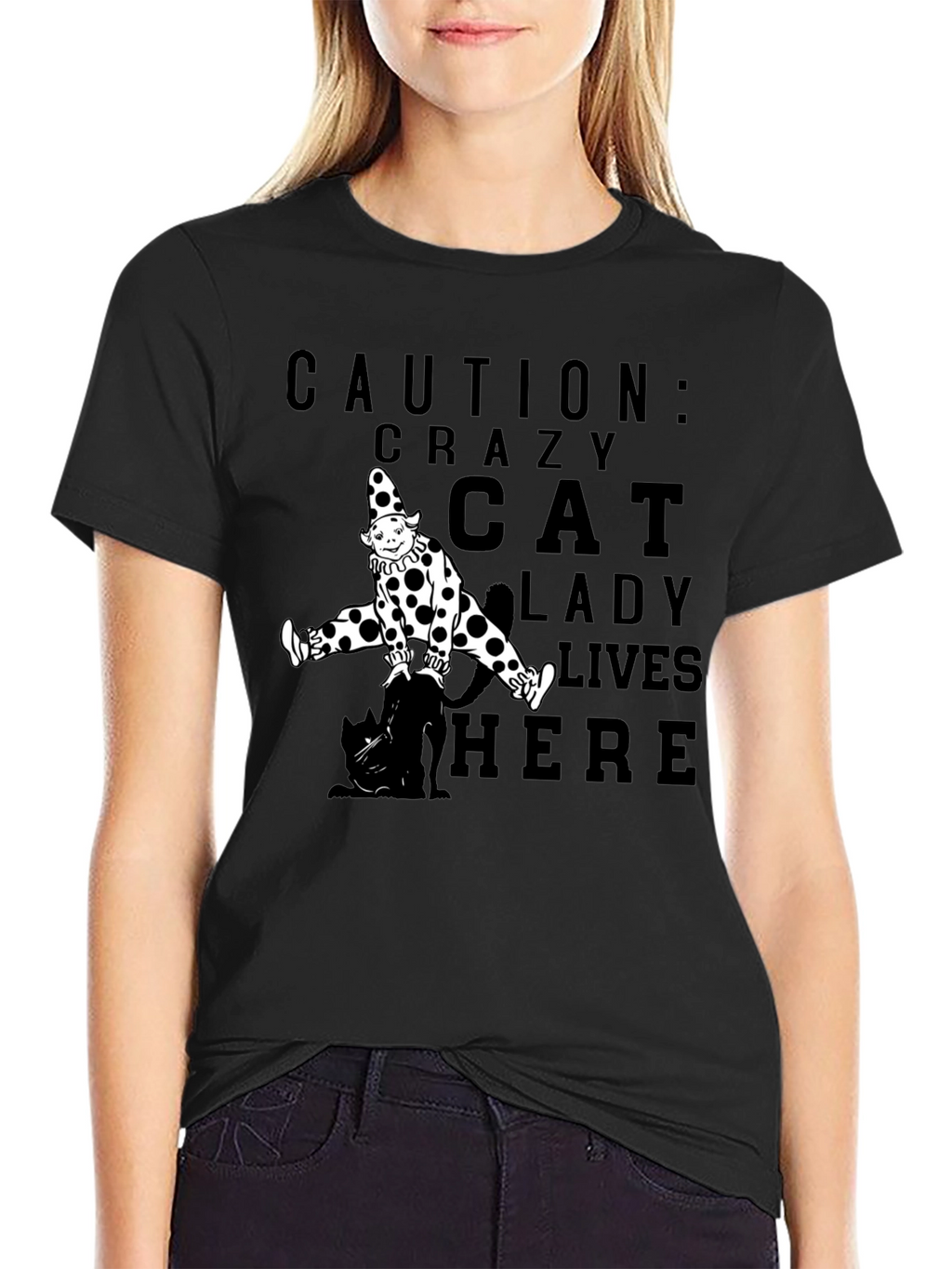 Caution Crazy Cat Lady Clown Black T-Shirt