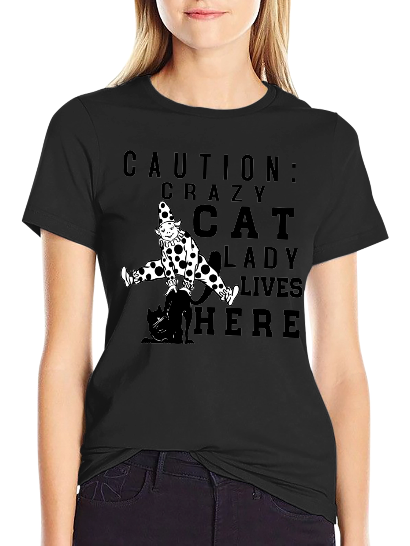 Caution Crazy Cat Lady Clown Black T-Shirt
