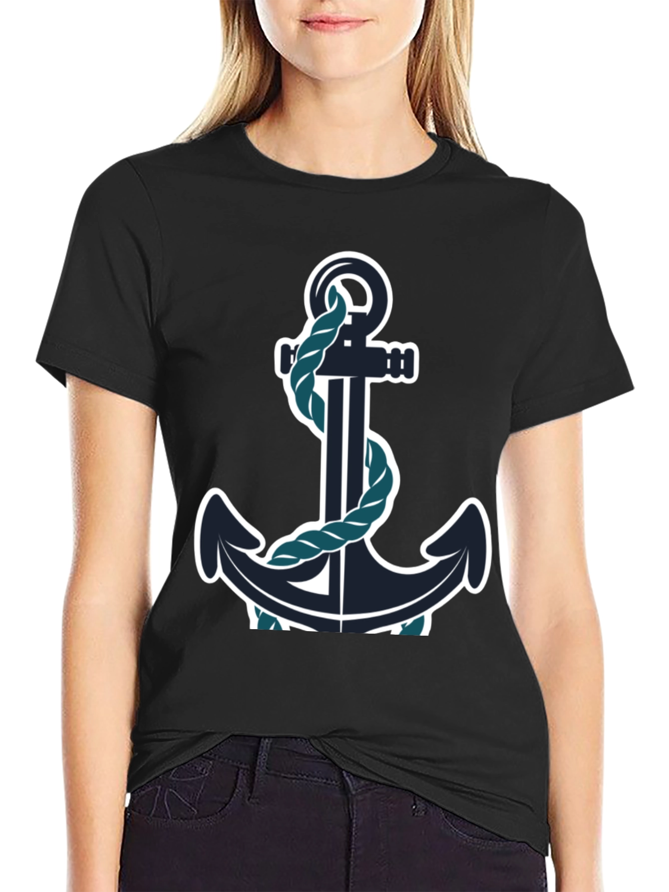 Nautical Anchor Graphic Tee - Black Cotton Blend