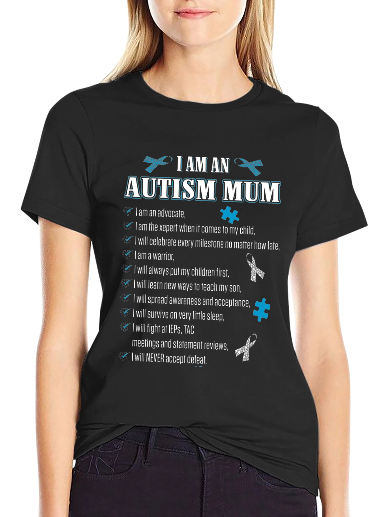 Autism Mum T-Shirt Advocate Warrior Never Defeat