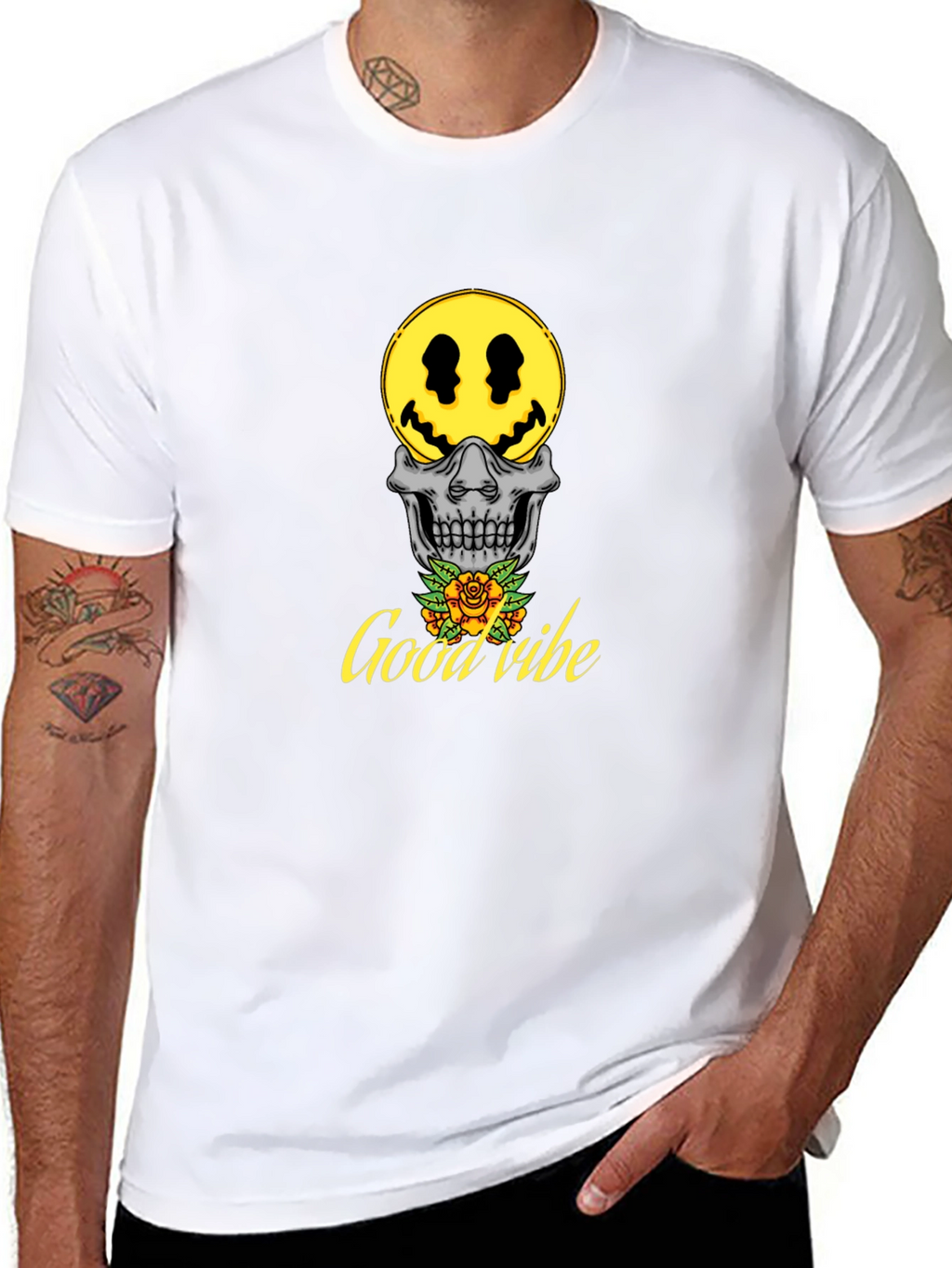 Good Vibe Skull Smiley Face T-Shirt - Black