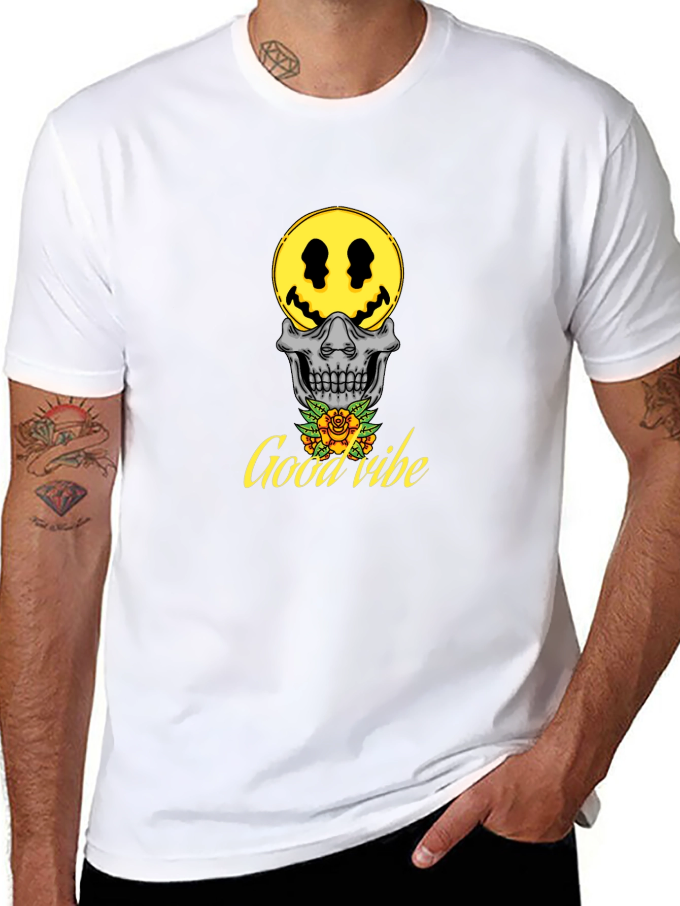 Good Vibe Skull Smiley Face T-Shirt - Black