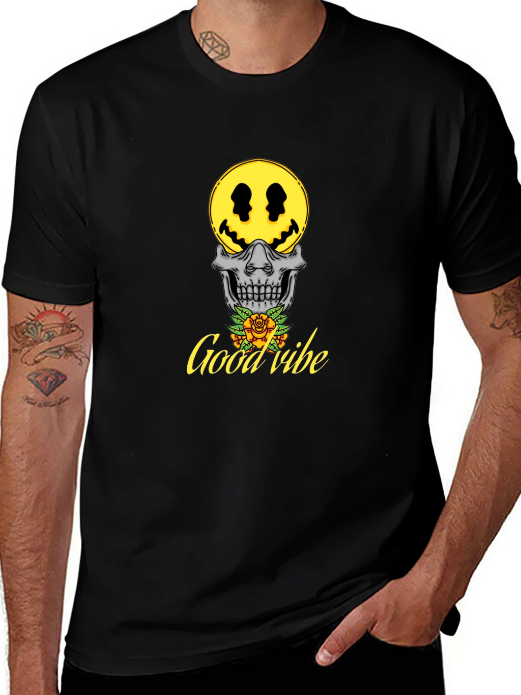 Good Vibe Skull Smiley Face T-Shirt - Black