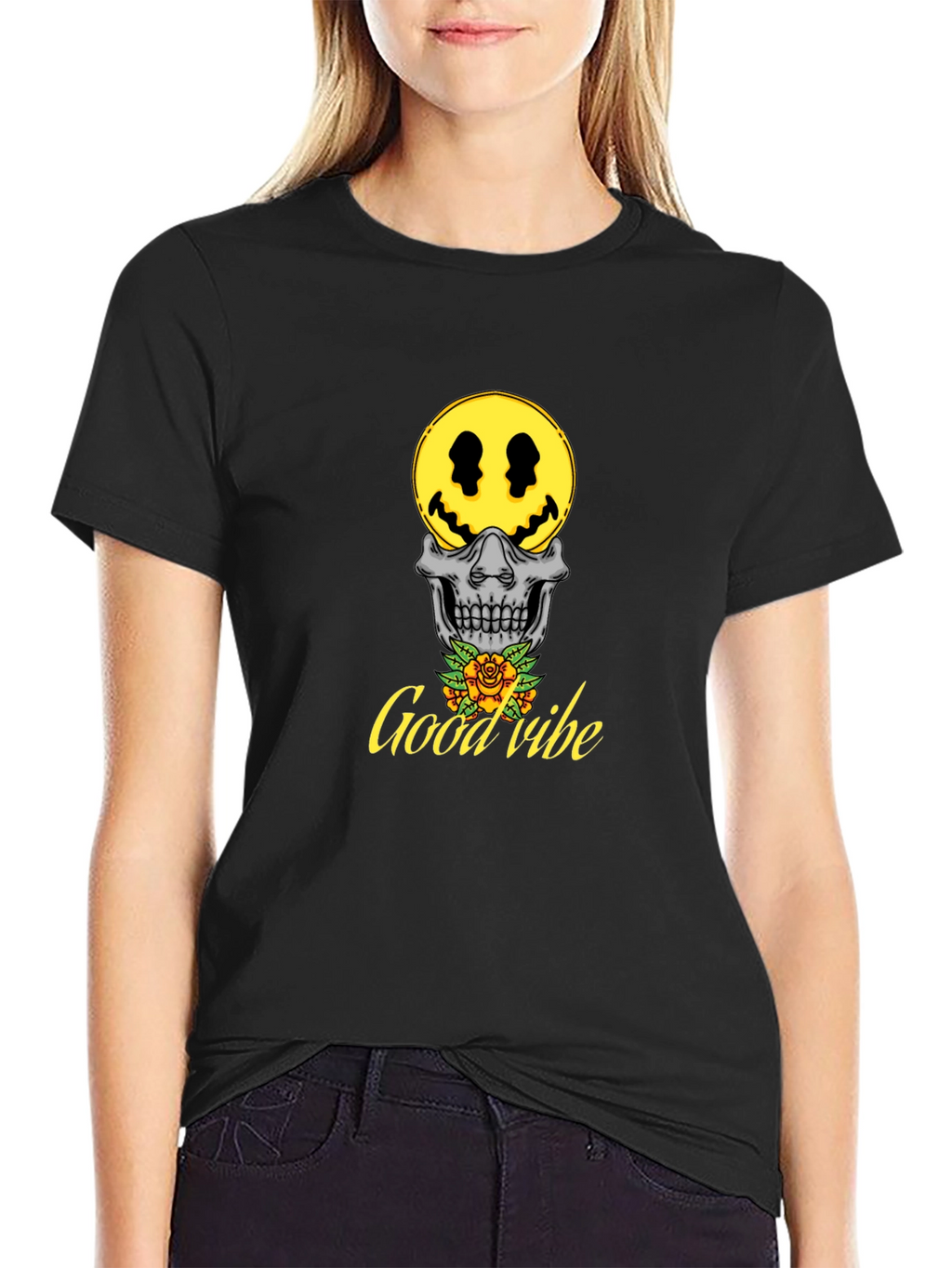 Good Vibe Skull Smiley Face T-Shirt - Black