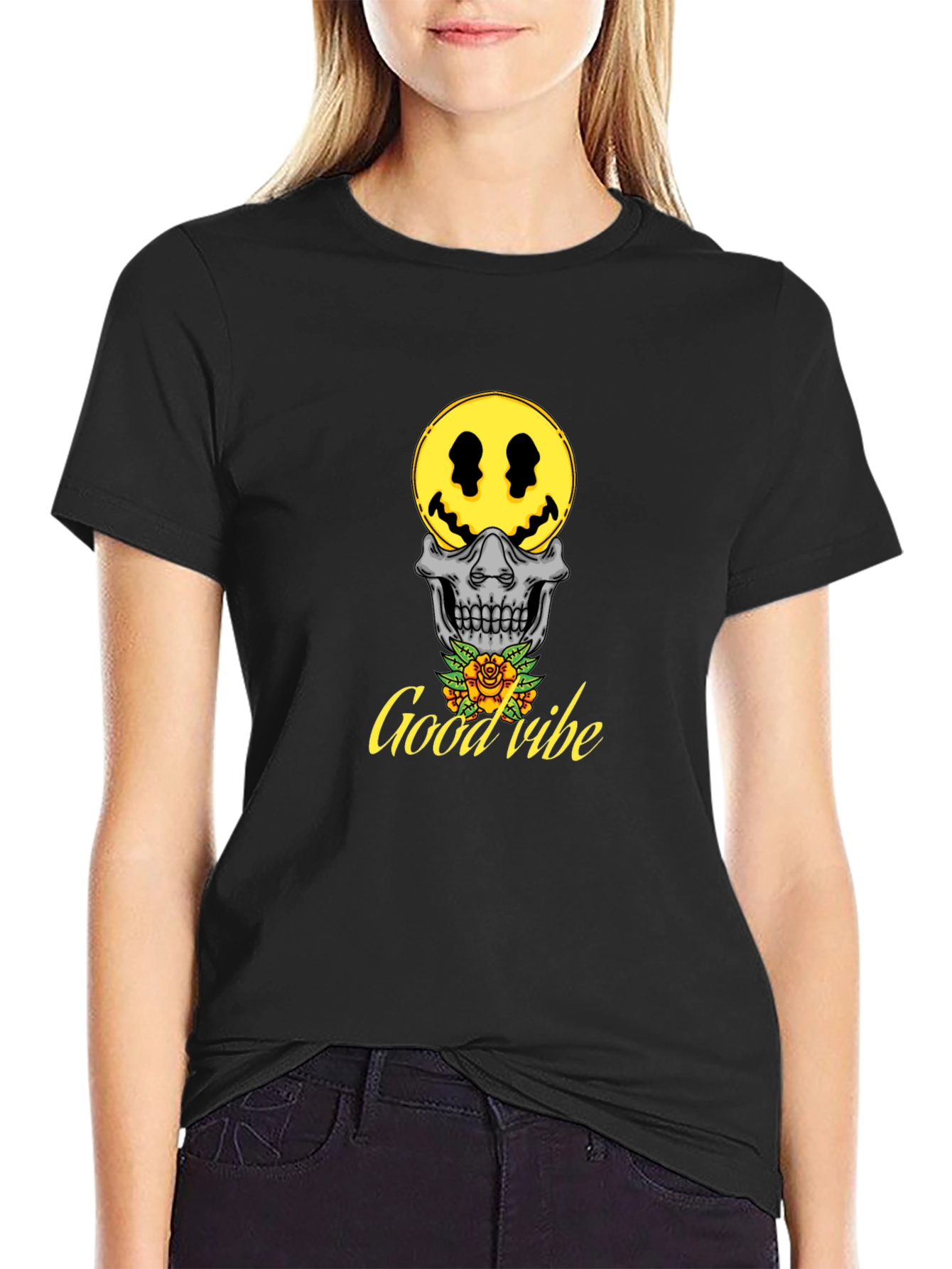 Good Vibe Skull Smiley Face T-Shirt - Black