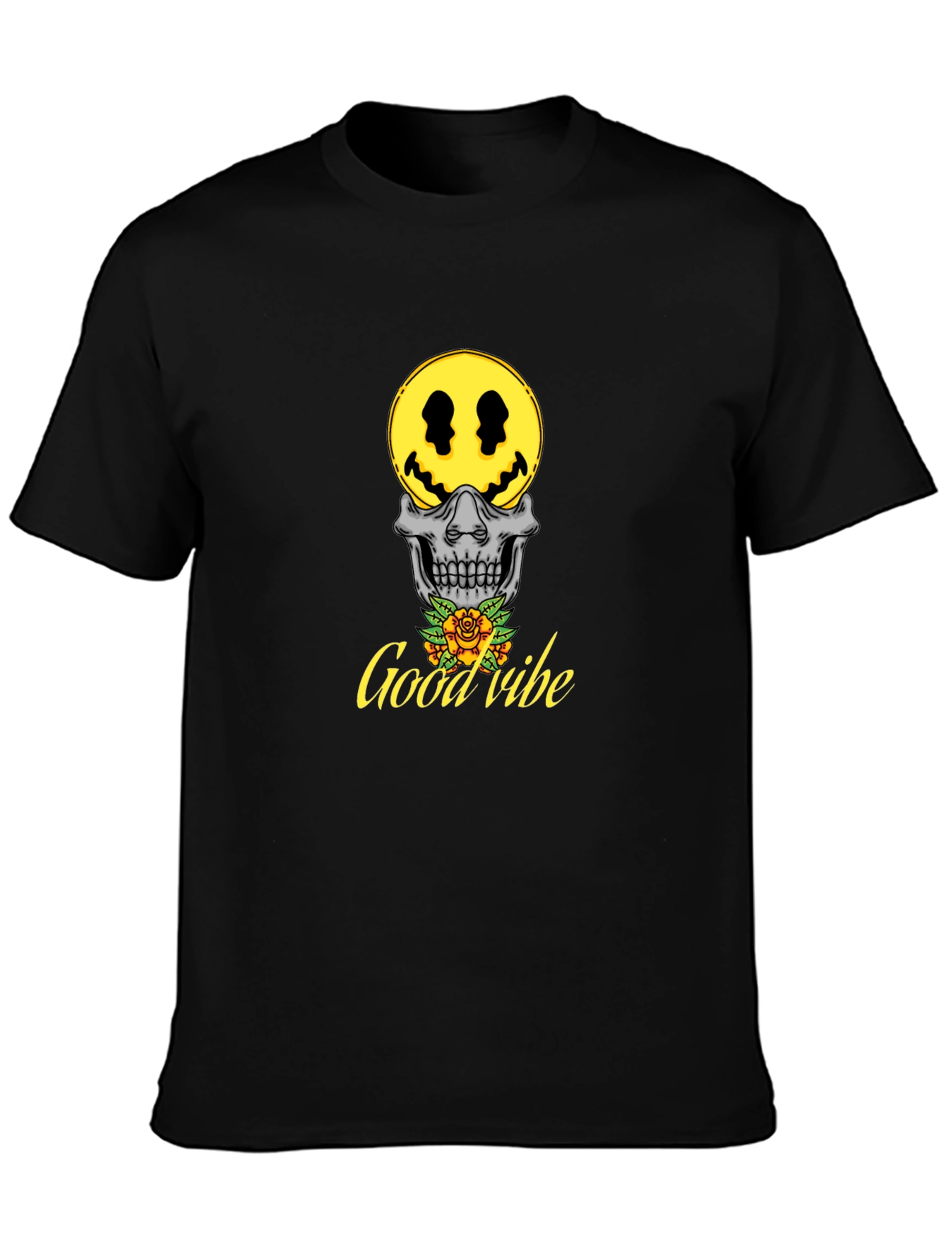 Good Vibe Skull Smiley Face T-Shirt - Black
